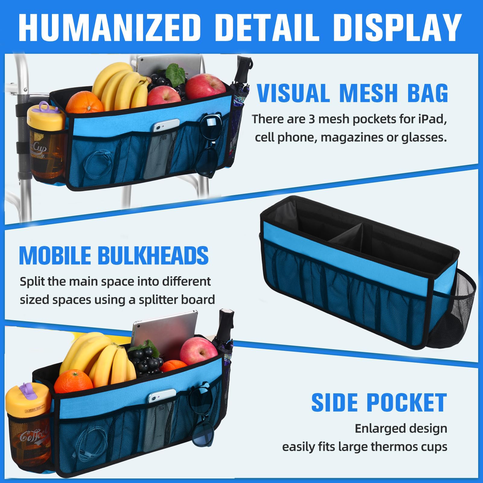 CTWWFS Cesta de andador mejorada con soporte para tazas, bolsa de almacenamiento plegable para personas mayores con gran capacidad y nunca se vuelca, el mejor regalo para la familia (azul cielo)