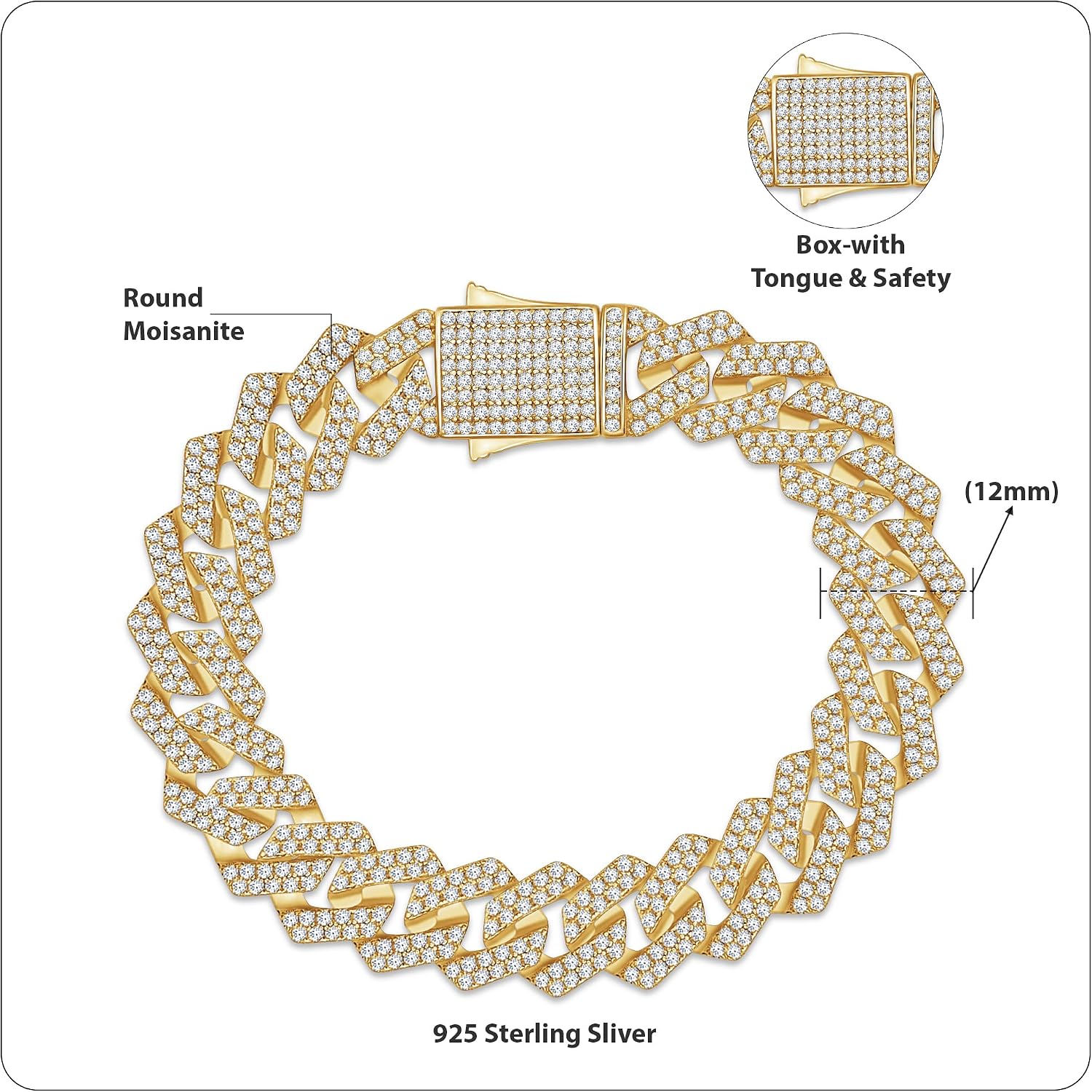 SAVEARTH DIAMONDS Men's Cuban Chain Bracelet Round Lab Created Moissanite Link Chain Bracelet in 14k Gold Plated Sterling Silver Jewery (12MM Width, 7.00 Ct To 9.00 Ct)