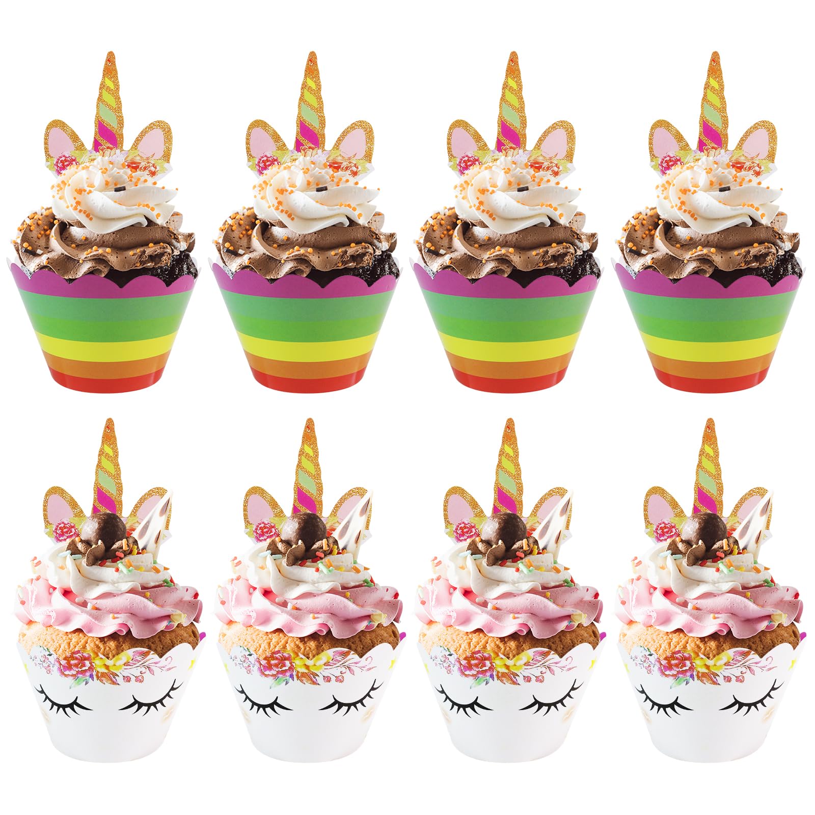 Unicorn Birthday Decorations - Reversible Rainbow Cupcake Liners with Unicorn Toppers, 24-Piece Set, Perfect Unicorn Cake Decorations and Unicorn
