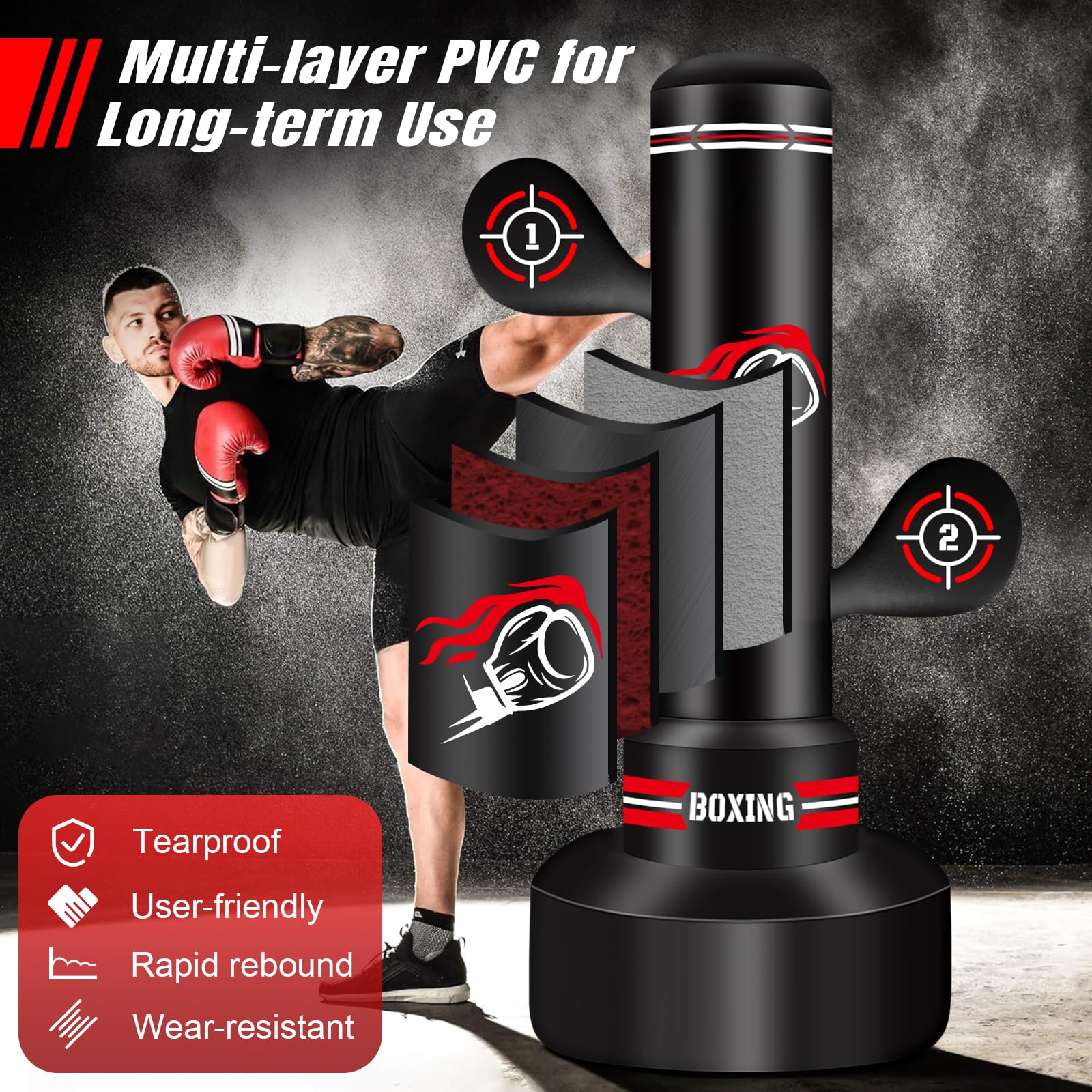 NZQXJXZ Saco de Boxeo de pie para Adultos, 180cm Saco Boxe Independiente con Guantes de Boxeo, Bomba, Cuerda para Saltar y Pelota de Reflejos, Sacos de Boxe Inflable para Entrenamiento de MMA,Fitness