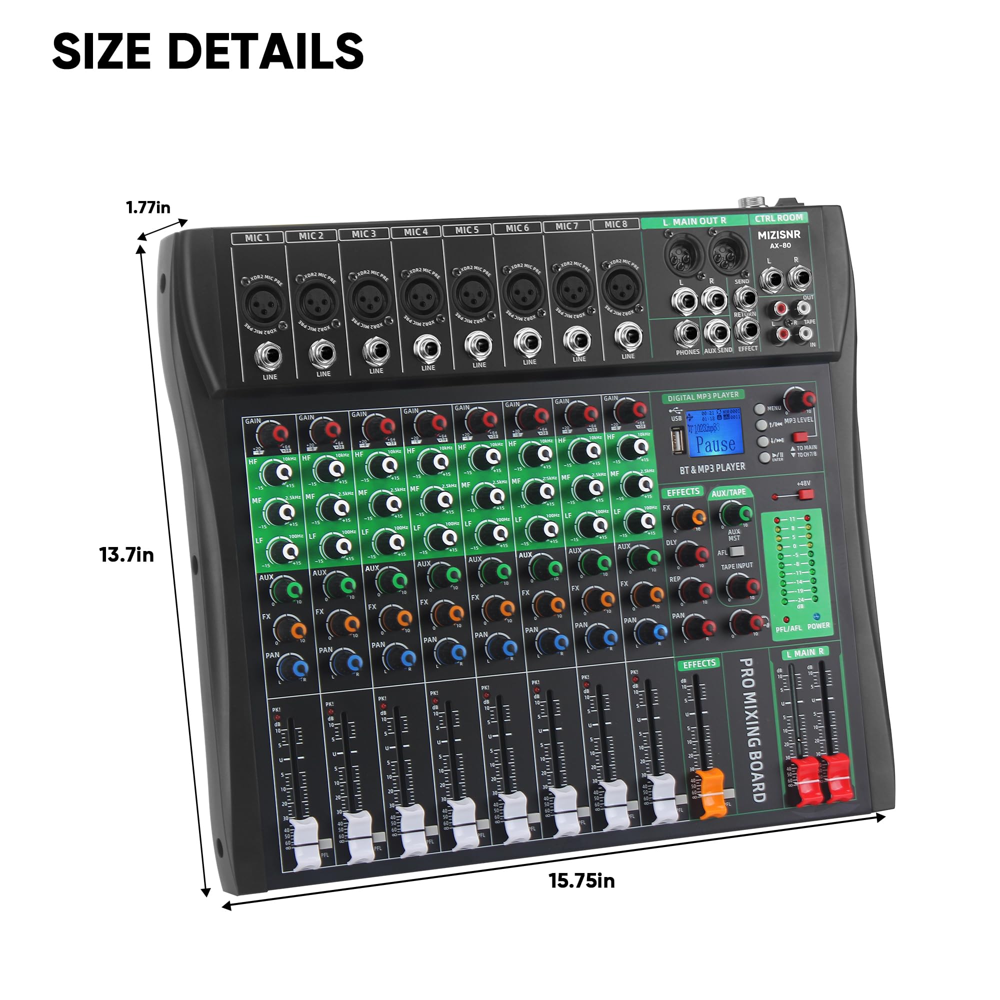 8 Channel Audio Mixer, Professional DJ Mixer Board Sound Music Mixing Console Digital Mixer with Reverb, Bluetooth, USB Port, 48V Phantom Power for Recording Karaoke Podcasting