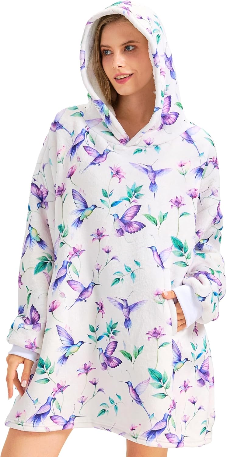 Hummingbird Gifts for Women, Blanket Hoodie Wearable Hooded Blanket, One Size, Purple