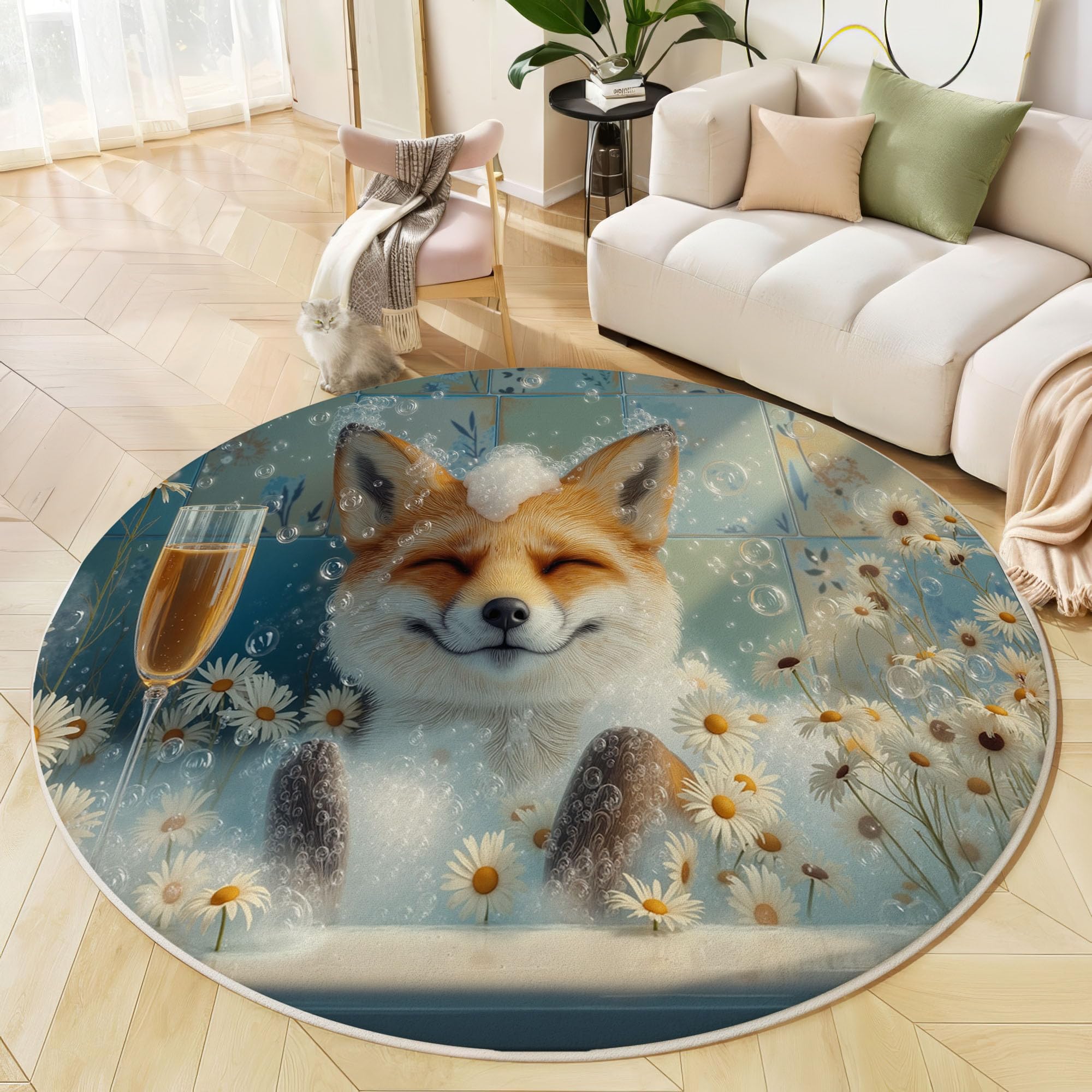 Tapis rond renard marguerite 80 cm bleu ciel lavable en machine