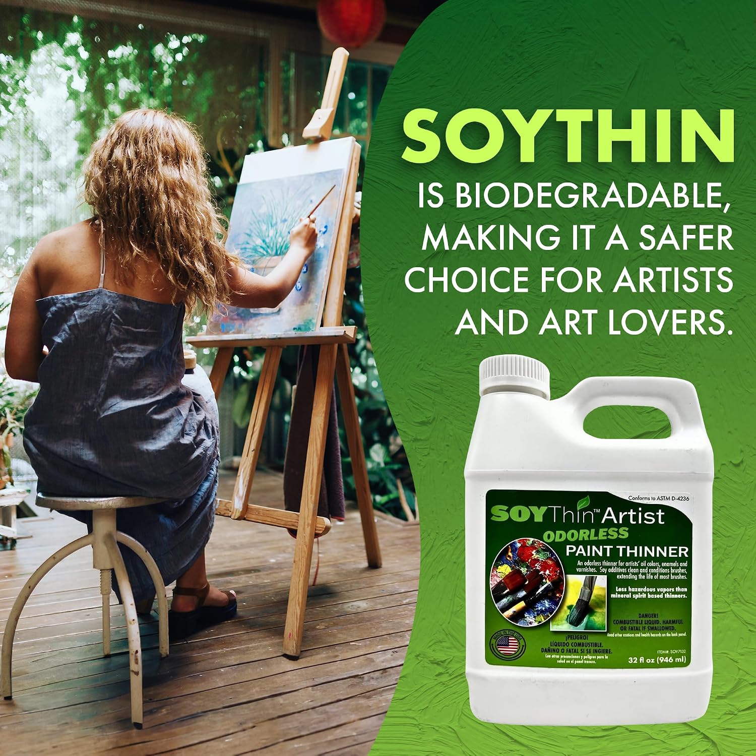Eco Safety SoyThin Odorless Paint Thinner for Oil Painting, Oil Colors, Enamel & Varnishes - Paint Brush Cleaner and Restorer - Quart
