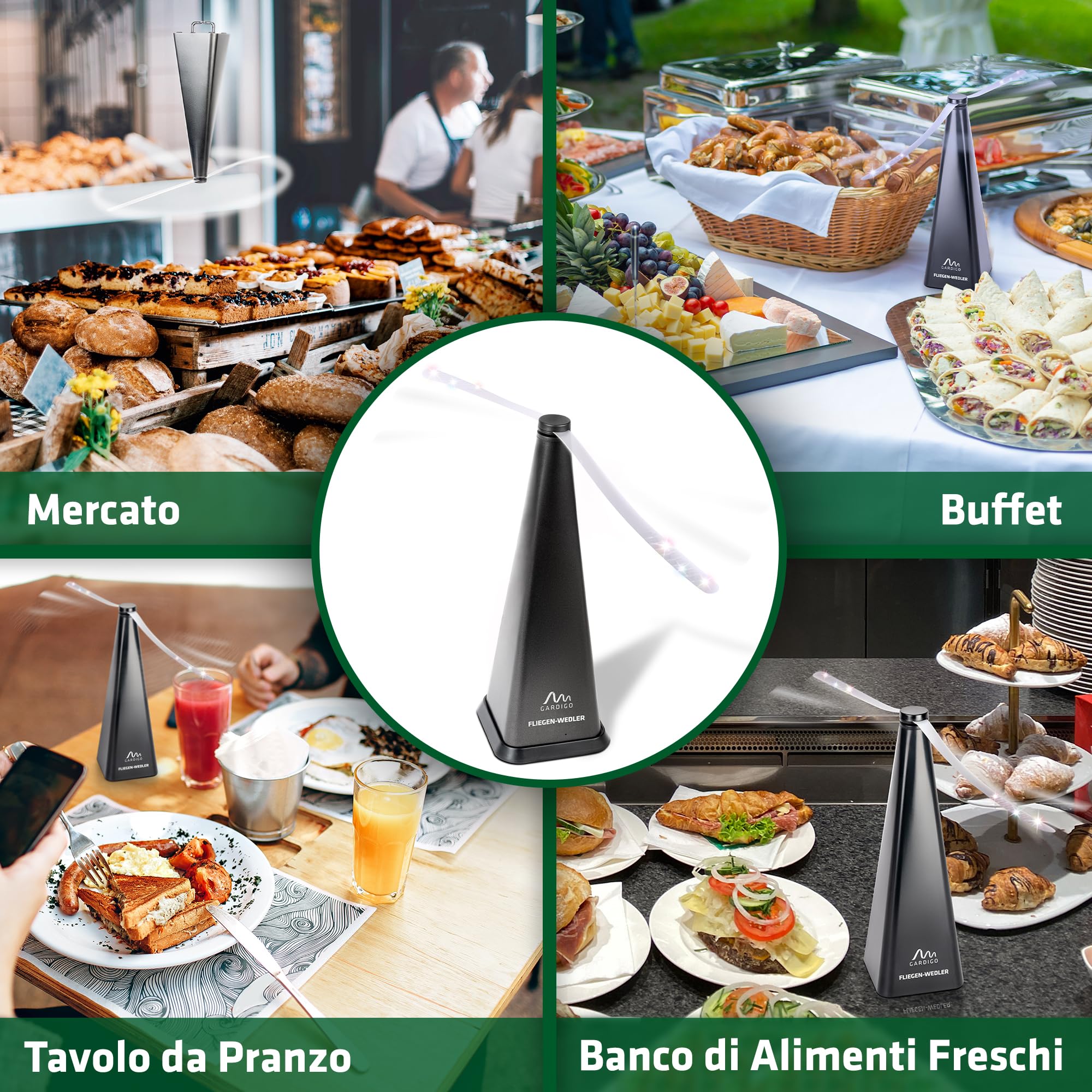GARDIGO® 2x Repellente Mosche Professionale | con Base per Ricarica USB | Scaccia Mosche da Tavolo, Cibo | per Casa, Giardino, Ristoranti, Hotel, Catering | Ventilatore Anti Mosche | Esterno, Interno