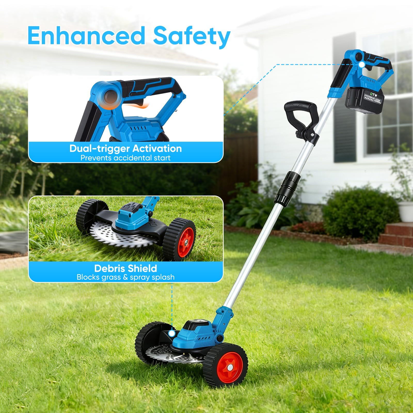 Desbrozadora Inalámbrica 600W, Cortacésped y Bordes 2-en-1, Motor Brushless con Pantalla LED, Mango Ajustable, con 2 baterías, Incluye Cuchillas y Gafas de Seguridad
