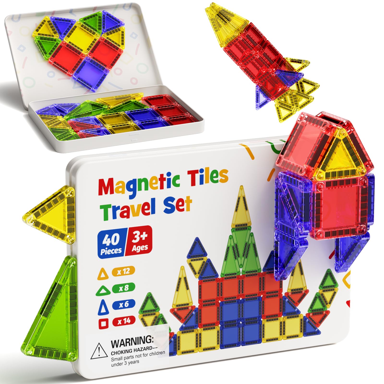 Portable Magnetic Tiles for Kids Travel - 40pcs STEM Building Blocks with Visual Storage Guide & Metal Box Play Base, Toddler Airplane Activities Toys for Ages 3-5,4-8, Compact Travel Toys
