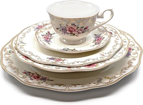 Royalty Porcelain Ruby Rose - Juego de vajilla floral blanca y dorada de 5 piezas chapado en oro de 24 quilates porcelana de porcelana de hueso