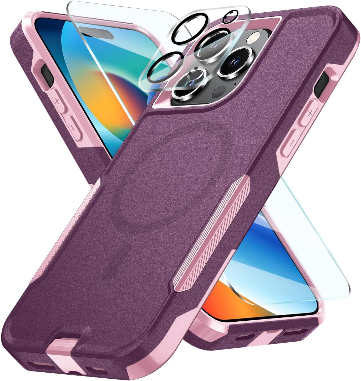 Magnetic for iPhone 15 Pro Max Case with Camera Lens Protector & Tempered Glass Screen Protector, [Compatible with Mag-Safe] Heavy-Duty for iPhone 15 Pro Max Phone Case 6.7" (WineRed Pink)