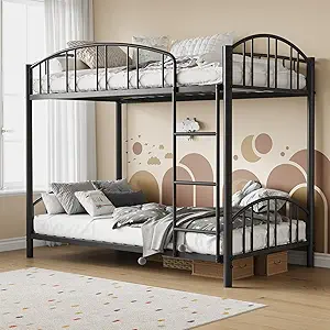 Garvee Bunk Bed Twin Over Twin with Ladder and Arched Guardrail, Heavy Duty Bunkbeds Frame with Sturdy Steel Slats Support for Kids Boys Girls, Space-Saving, No Box Spring Needed, Black
