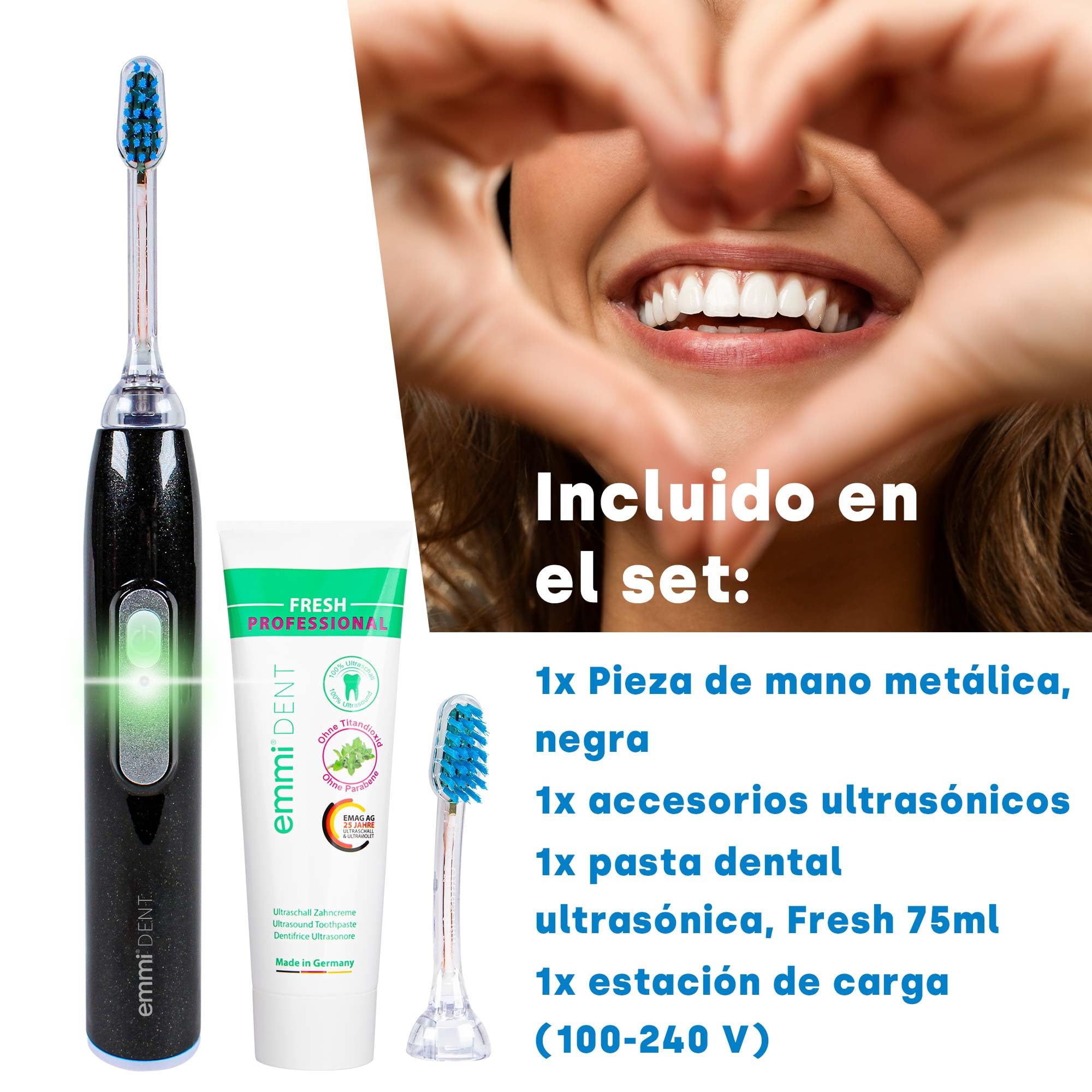 emmi-dent Metallic Cepillo de Dientes Eléctrico Ultrasónico (Set Básico Black Diamond) I Ideal para Dientes y Encías Sensibles I Cepillado Óptimo sin Frotar I Hasta 12 Días de Batería