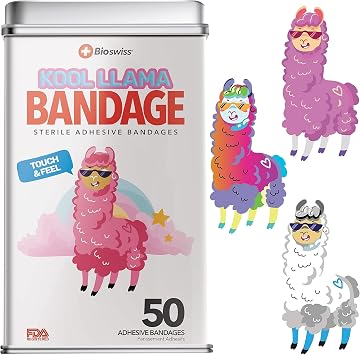 BioSwiss Bandages, Llama Shaped Self Adhesive Bandage Set, Latex Free, Sterile Wound Care, 50 Count