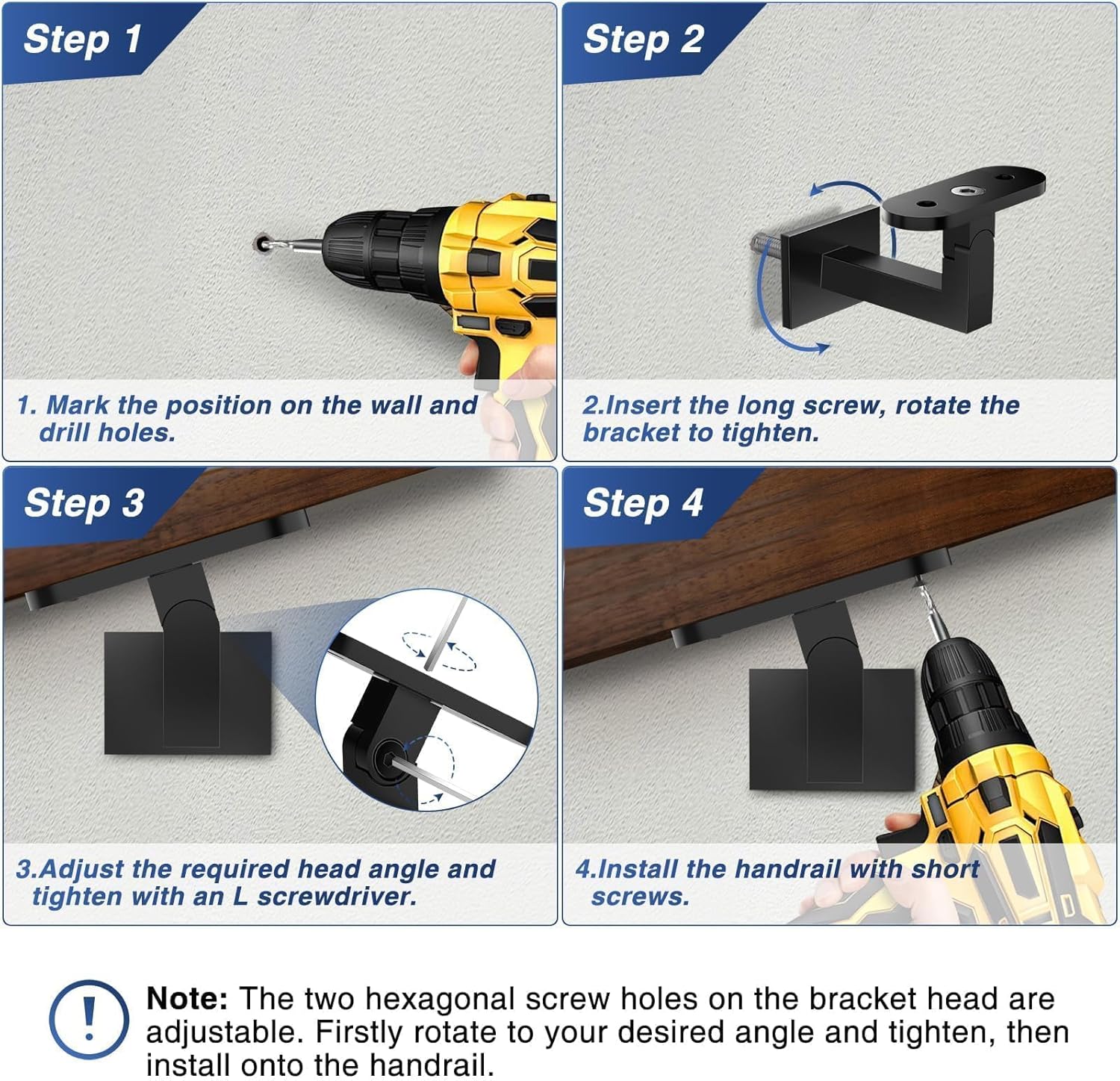 2 Pack Adjustable Handrail Brackets for Indoor Stairs, Heavy-Duty T316 Stainless Steel Black Railing Bracket for Staircase, Swivel Hand Rail Banister Stand for Corridors, Offices, Living Rooms