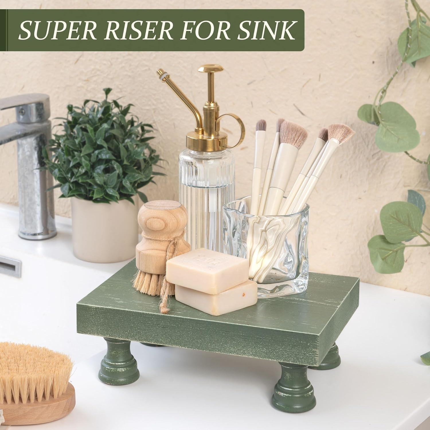 EOSAHR Pine Wood Riser Display Stand for Coffee Table – Stylish Pedestal Stand to Showcase Your Bathroom Accessories – Farmhouse Home Decor for Displaying Plant, Cupcakes and Soap Dish (Green)
