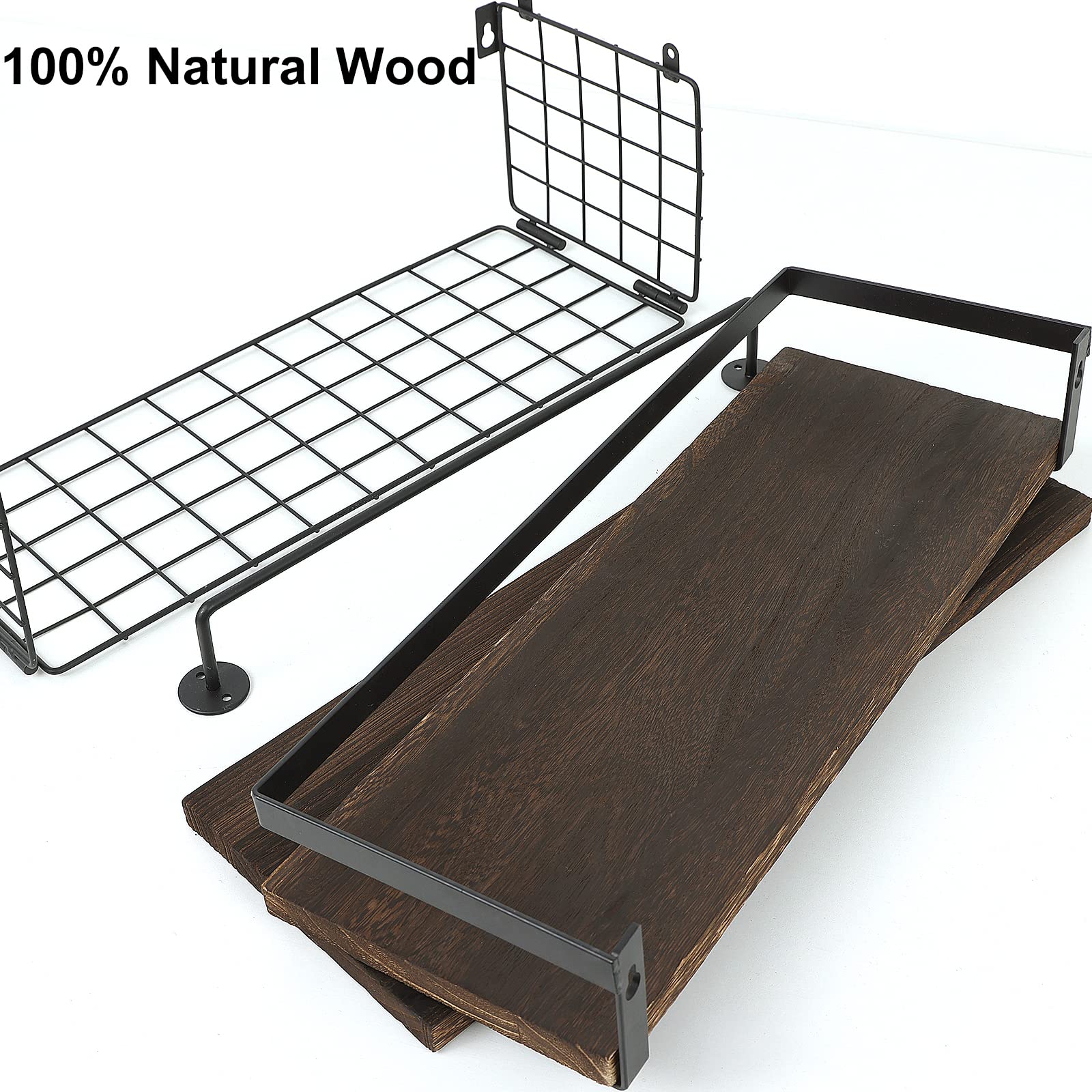 Fixwal 3+1 Tier Wall Mounted Floating Shelves with Metal Frame, Rustic Wood Bathroom Shelves Over Toilet with Wire Storage Basket and Towel Bar for Bathroom, Kitchen, Bedroom (Dark Brown)