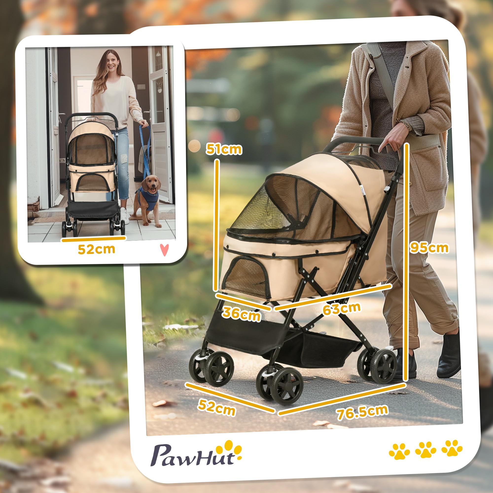 PawHut Passeggino per Cani Piccoli Pieghevole con Maniglione Girevole Ruote con Freni in EVA, Passeggino Cane con Cestino Portaoggetti, 76.5x52x95cm, Marrone Chiaro