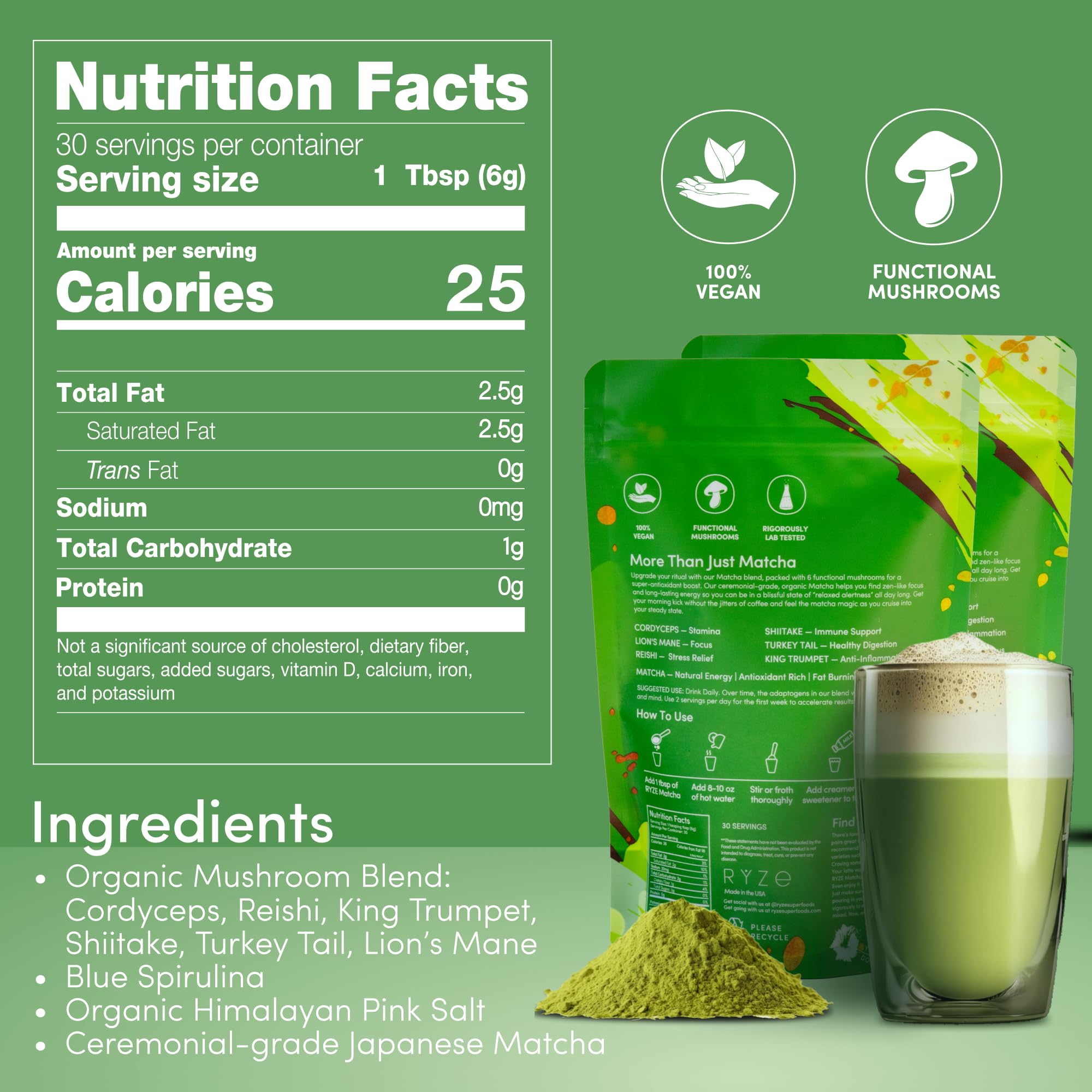 RYZE SUPERFOODS Mushroom Matcha Starter Kit USDA Organic with 6 Adaptogenic Mushrooms and Ceremonial-Grade Matcha Energy Focus Digestion — view 2