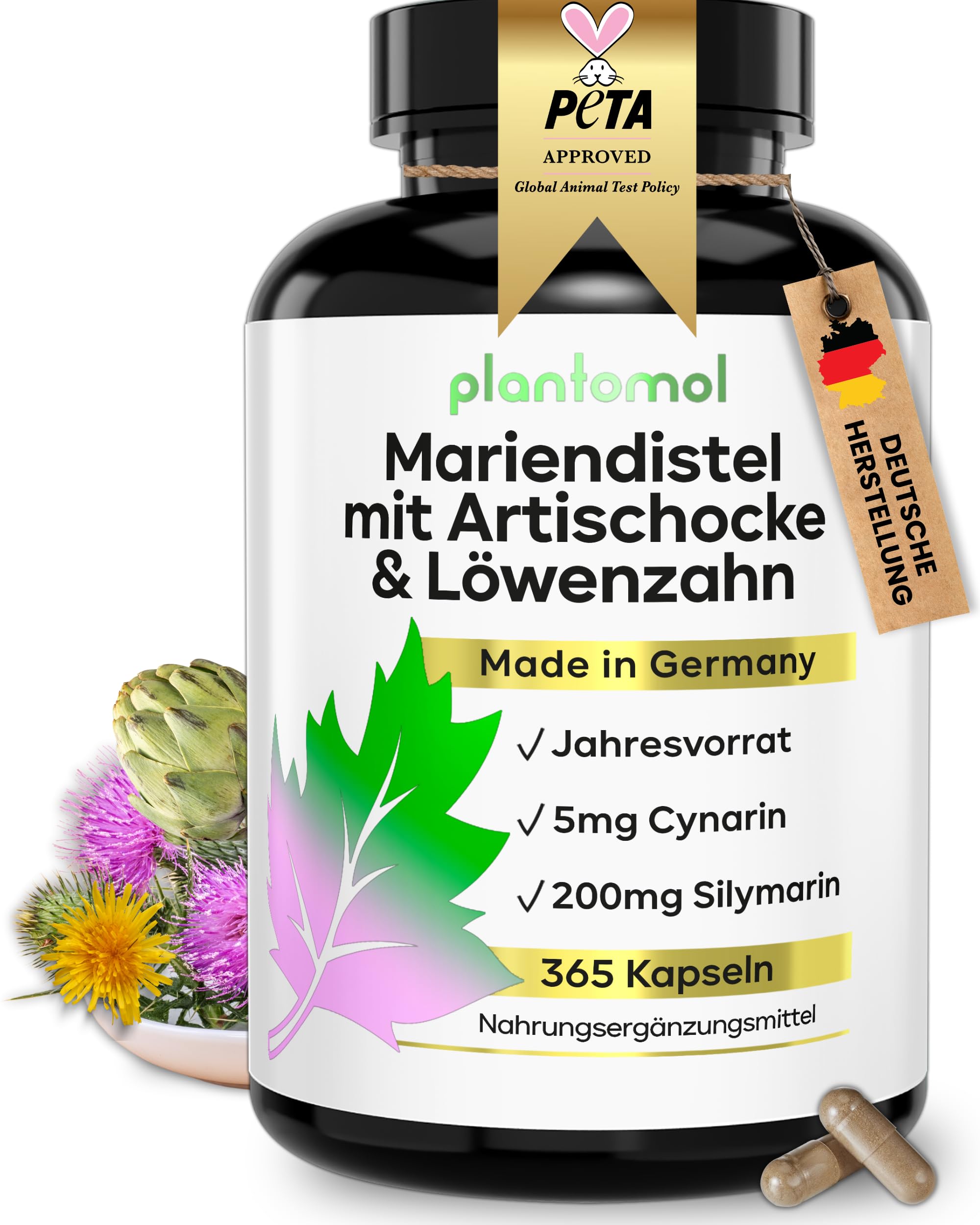 Mariendistel Komplex Hochdosiert – 365 Mariendistel Leber Komplex Kapseln – JAHRESVORRAT mit Artischocken Extrakt & Symarin als Leber Komplex Kapseln – Milk Thistle Capsules – 1 Kapsel/Tag