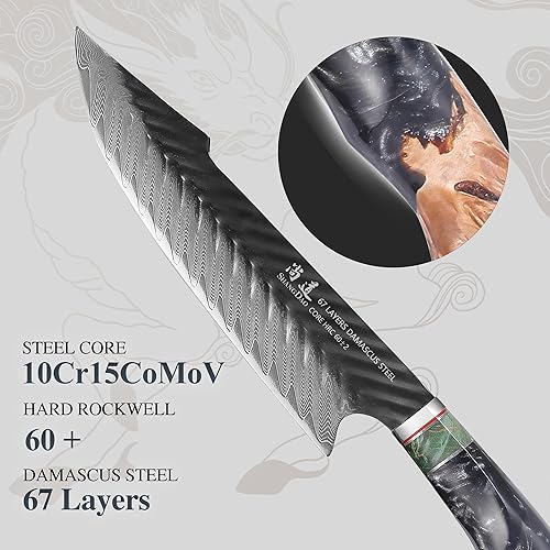 Miniatura 3 de SHANGDAO Cuchillo de chef de Damasco con funda de cuero, 8 pulgadas, 67 capas, acero aleado, núcleo de corte 10Cr15CoMoV con resina forjada a mano
