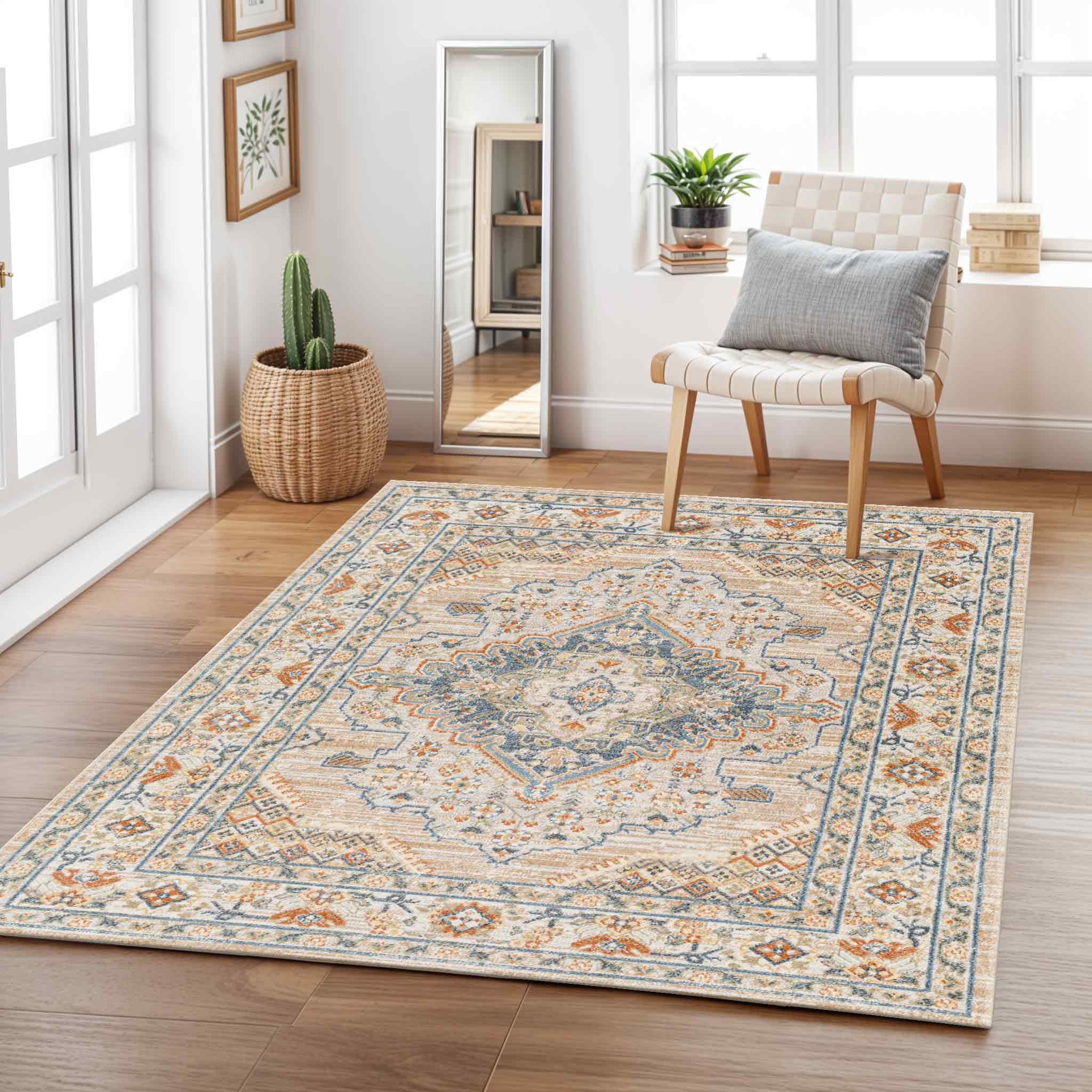 Livabliss Lillian-Washable Brown Blue Traditional Vintage Boho Living Dining Rug 120 X 170 Cm Easy CareNon Shedding from B&Q