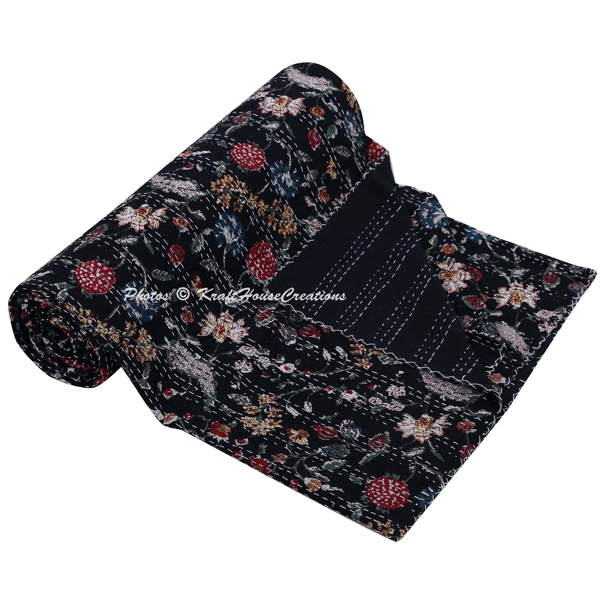 Couvre-lit Kantha noir indien KHC pour protéger votre lit avec élégance