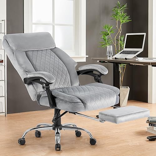 Silla de oficina ergonómica de terciopelo con reposapiés, reclinable ejecutivo para computadora, giratoria, respaldo alto, soporte lumbar grande,