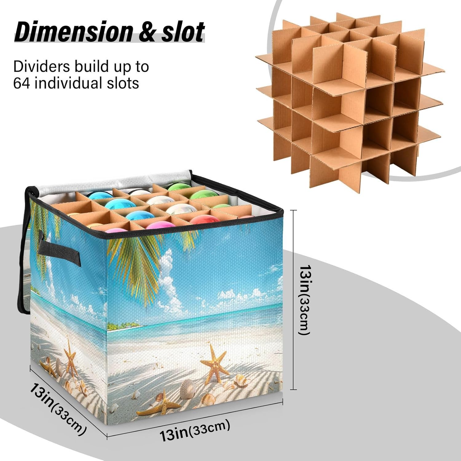 Sunny Beach Scene 13 Inch Christmas Ornament Storage Box with Lid - Holiday Decor Storage Containers, Stores 64 Ornaments, 3 Inch Cube Compartments