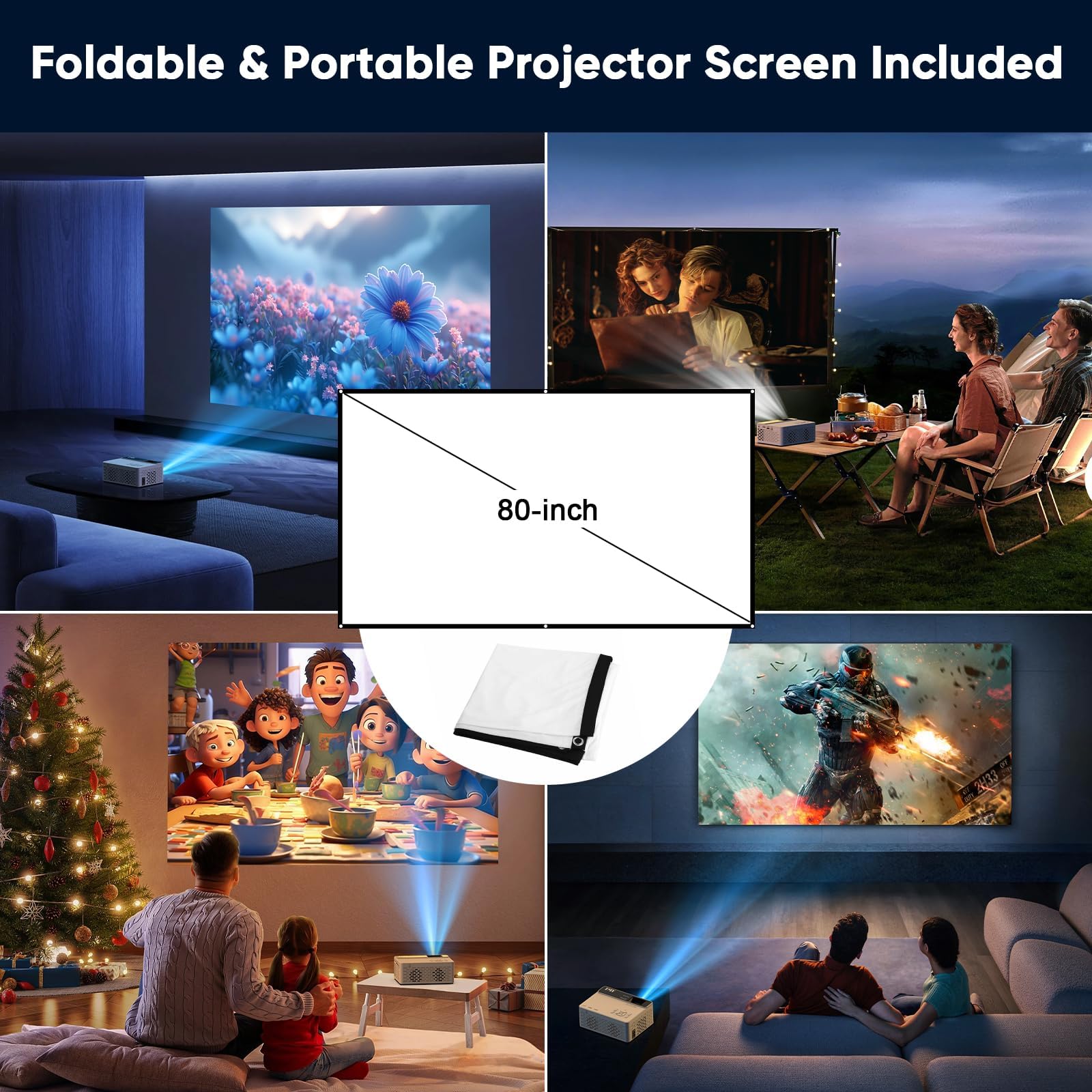 TMY Native 1080P Mini Portable Projector, 2-way Bluetooth, with 80in Screen view 3