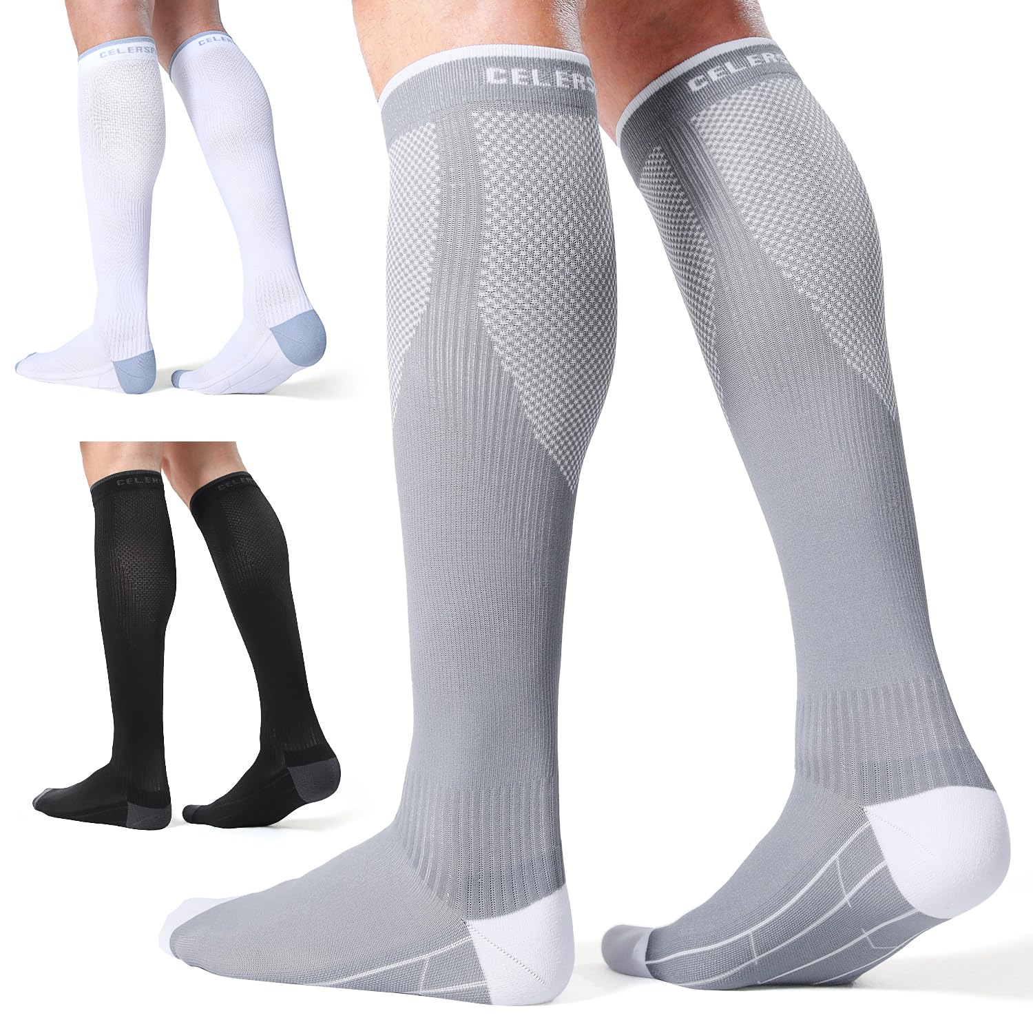 CelerSport 3 Pairs Compression Socks for Men and Women 20-30 mmHg Running Support Socks