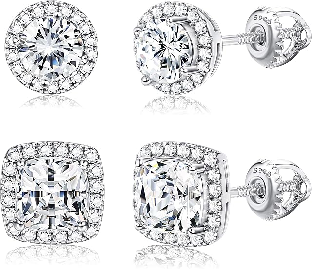 KALVICA 18K White Gold Plated Stud Earrings for Women Girls Shining Round Square Cubic Zirconia Silver Stud Earrings for Women with Screw Back Hypoallergenic Halo Earrings