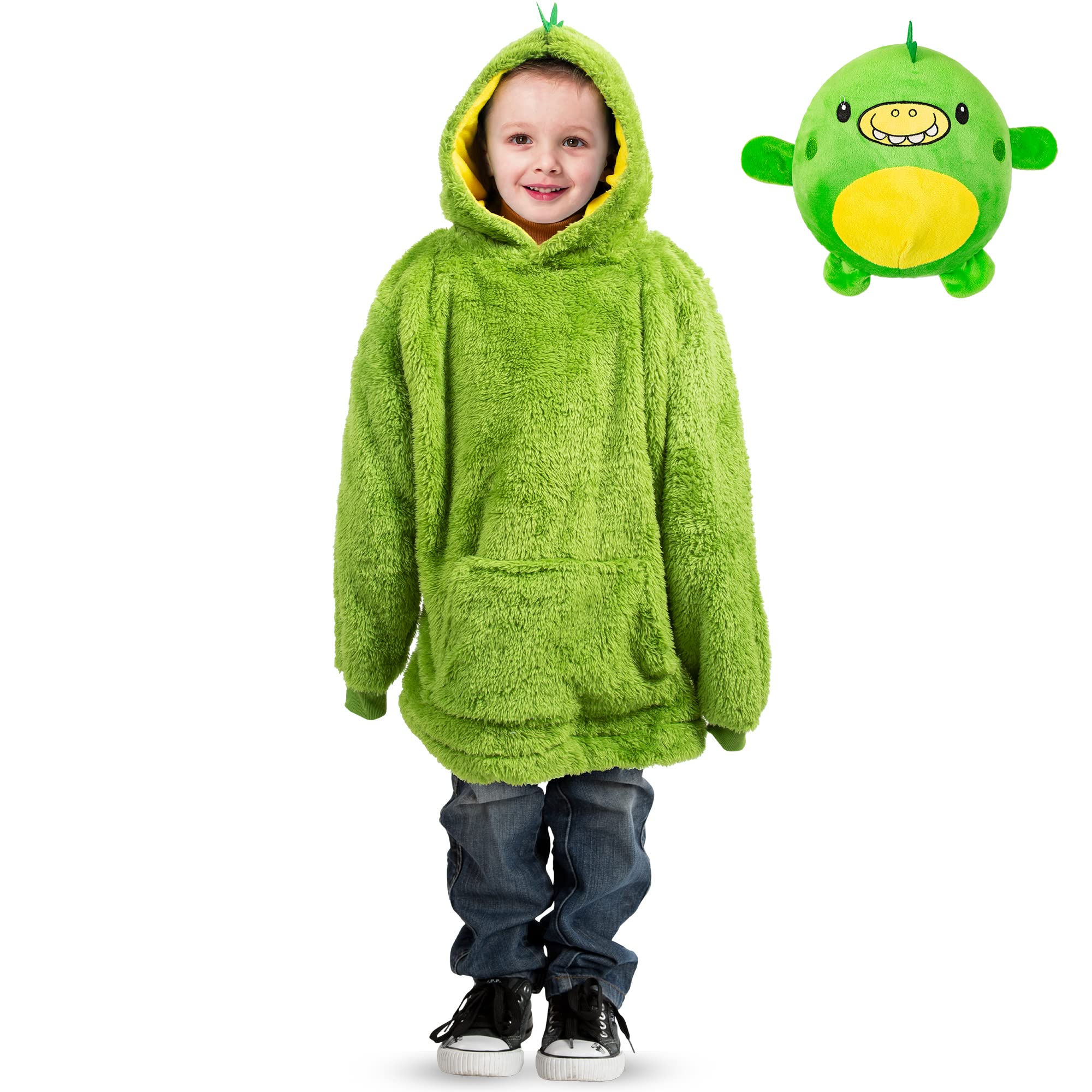 Albert Austin Oversized Kids Blanket Hoodie 2-in-1 Animal Hooded Blanket with Pet Toy Kids Pet Hoodie Blanket with Large Pocket Snuggle Blanket for Girls and Boys Machine Washable(Green Dino)