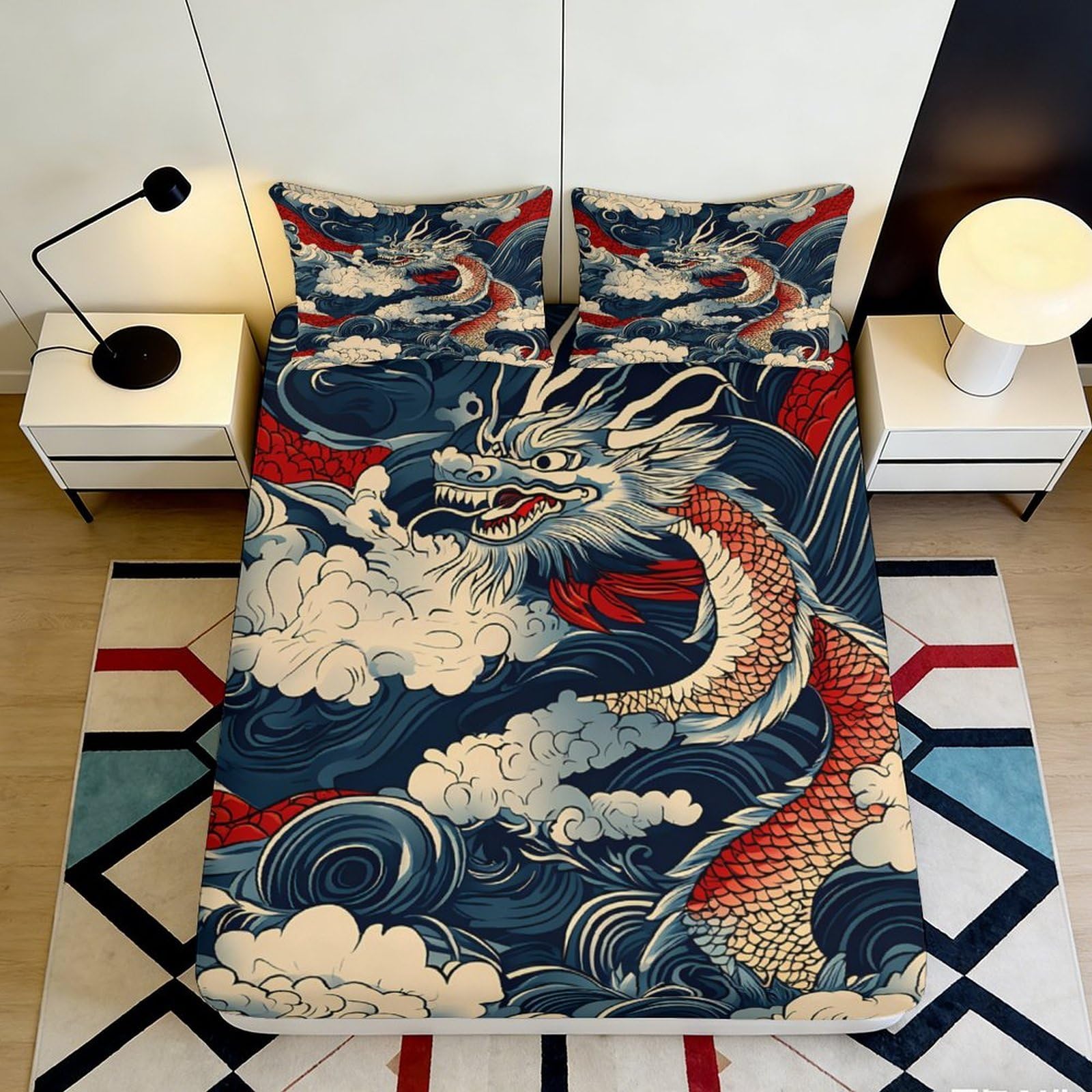 3D Printed Dragon Pattern Fitted Sheet Microfiber Soft Durable 3D Printed Ocean Waves Mattress Cover for Bedroom Dormitory Guest Room Mattress Protection 160x200x25cm