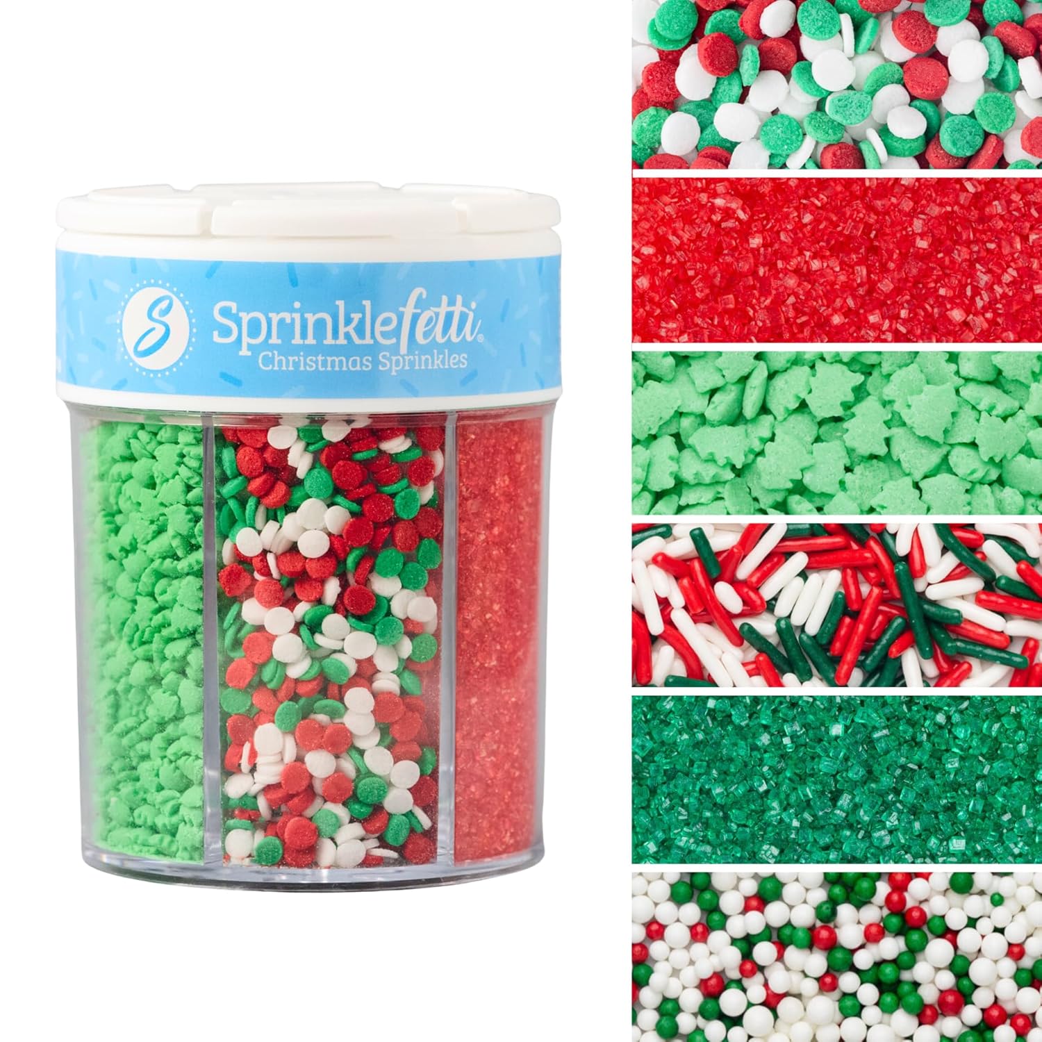Sweets Indeed Christmas Sprinkles, Holiday Edible Sprinkle Mix, Tree Confetti, Jimmies, Sanding Sugar, Perfect for Cake Decorations, Baking, Ice Cream, Cookies, Cupcake Topper, 6.45 ounces (Christmas 6 Cell)