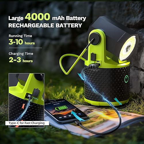 Miniatura 4 de CLAKAP Linterna LED para campamento, linterna recargable de 3000 lúmenes, linterna giratoria de 180°, luz de campamento portátil con cargador de