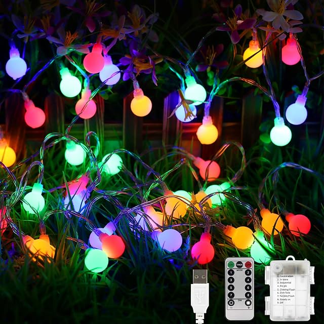 Globe String Lights Waterproof, 5M/50 LED Fairy Lights USB / Battery Operated, 8 Modes Christmas Lights Outdoor/Indoor, Garden Lights for Patio, Gazebo, Bedroom, Party Decorations (Multi-Colour)