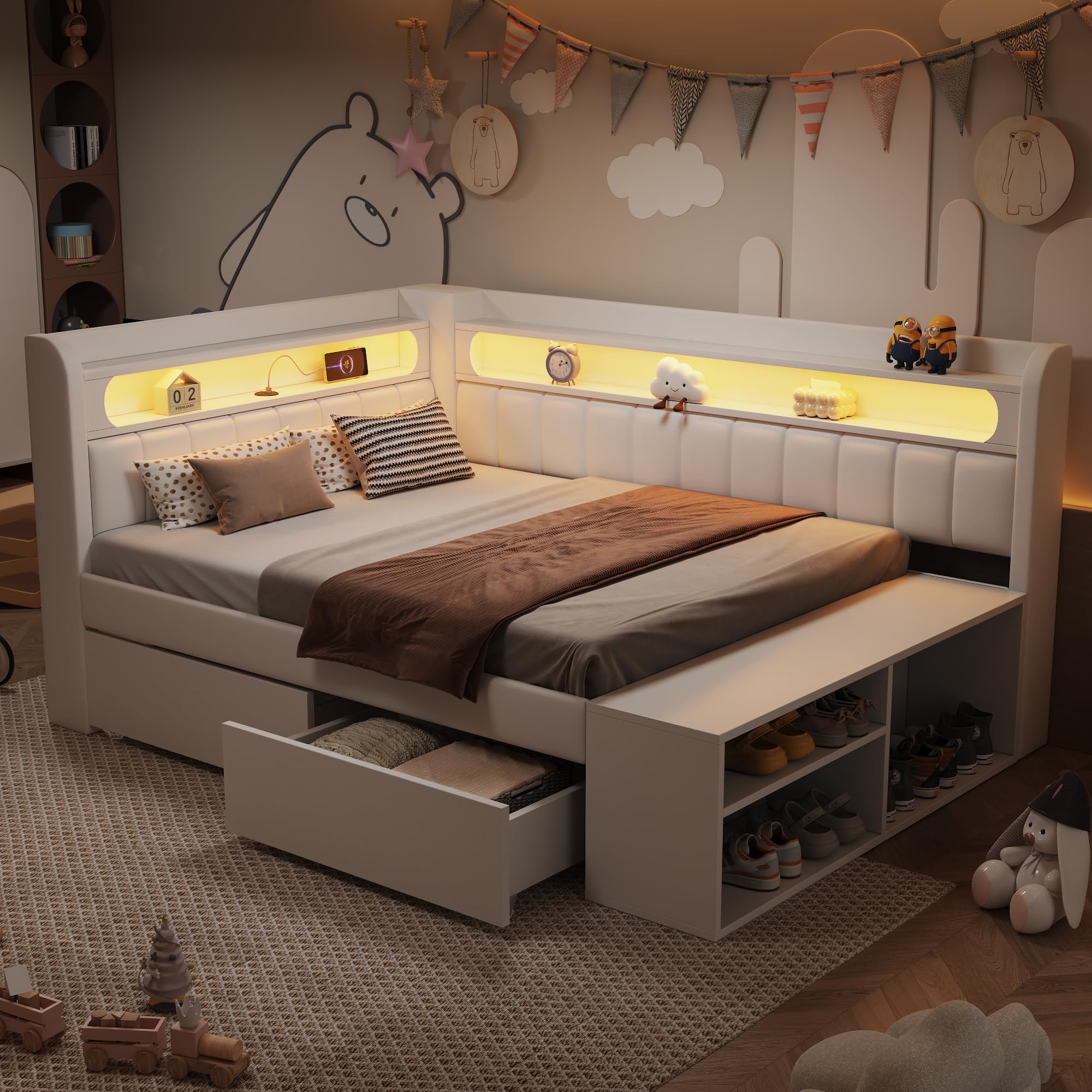 Łóżko dzienne, sofa z funkcją spania, 90 x 200 cm, wielofunkcyjna konstrukcja, szafka na buty i 2 przestronne szuflady do przechowywania, drewniana rama ze stelażem, praktyczna i nie zajmuje
