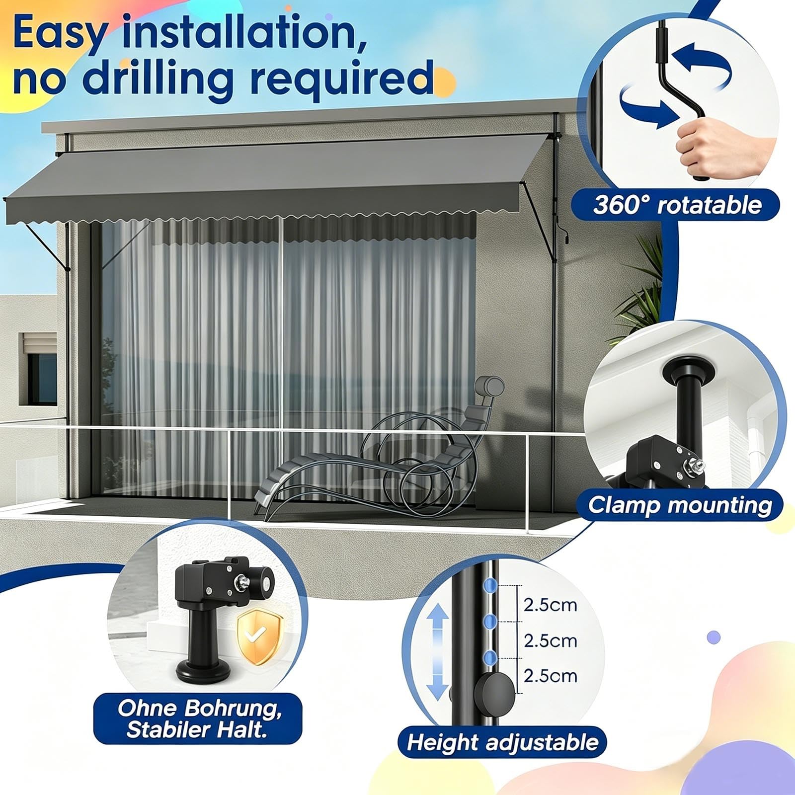 Store Banne Manuel sans Perçage 300cm, Auvent Rétractable Protection Solaire 350cm, Hauteur et Inclinaison Réglable, avec Tissu Résistant aux UV et à l'eau(Red White,118x59in)