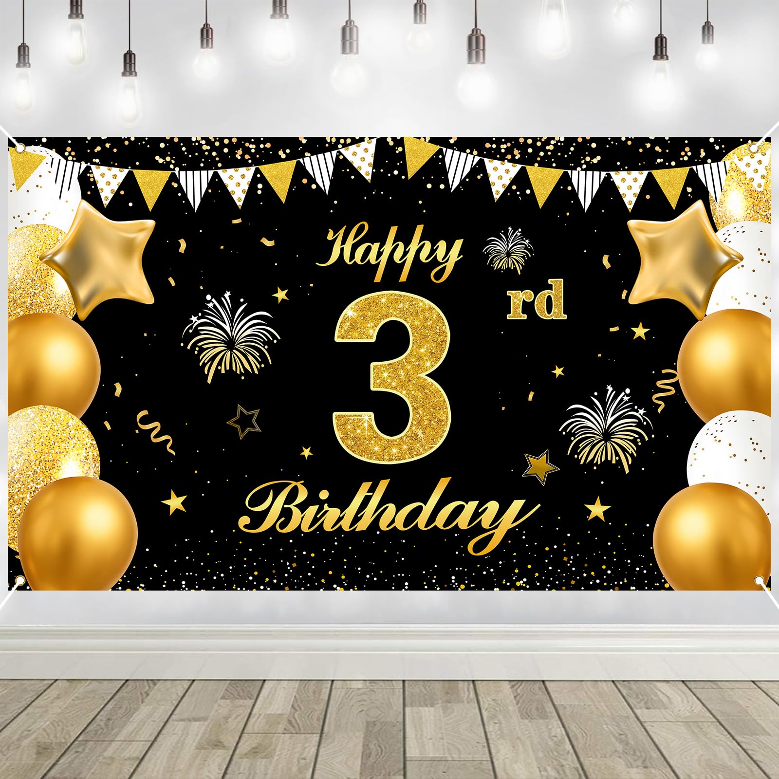 3rd Birthday Decorations Banner Gold Black Happy Birthday Door Banner for Party Photo Backdrop for Men Women Home Outdoor Cover Party Decoration Supplies Poster