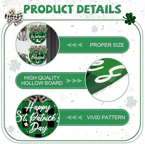 Miniatura 6 de Menkxi 8 piezas de decoración de puerta del día de San Patricio, búfalo a cuadros del día de San Patricio, letrero de madera irlandés del día de San