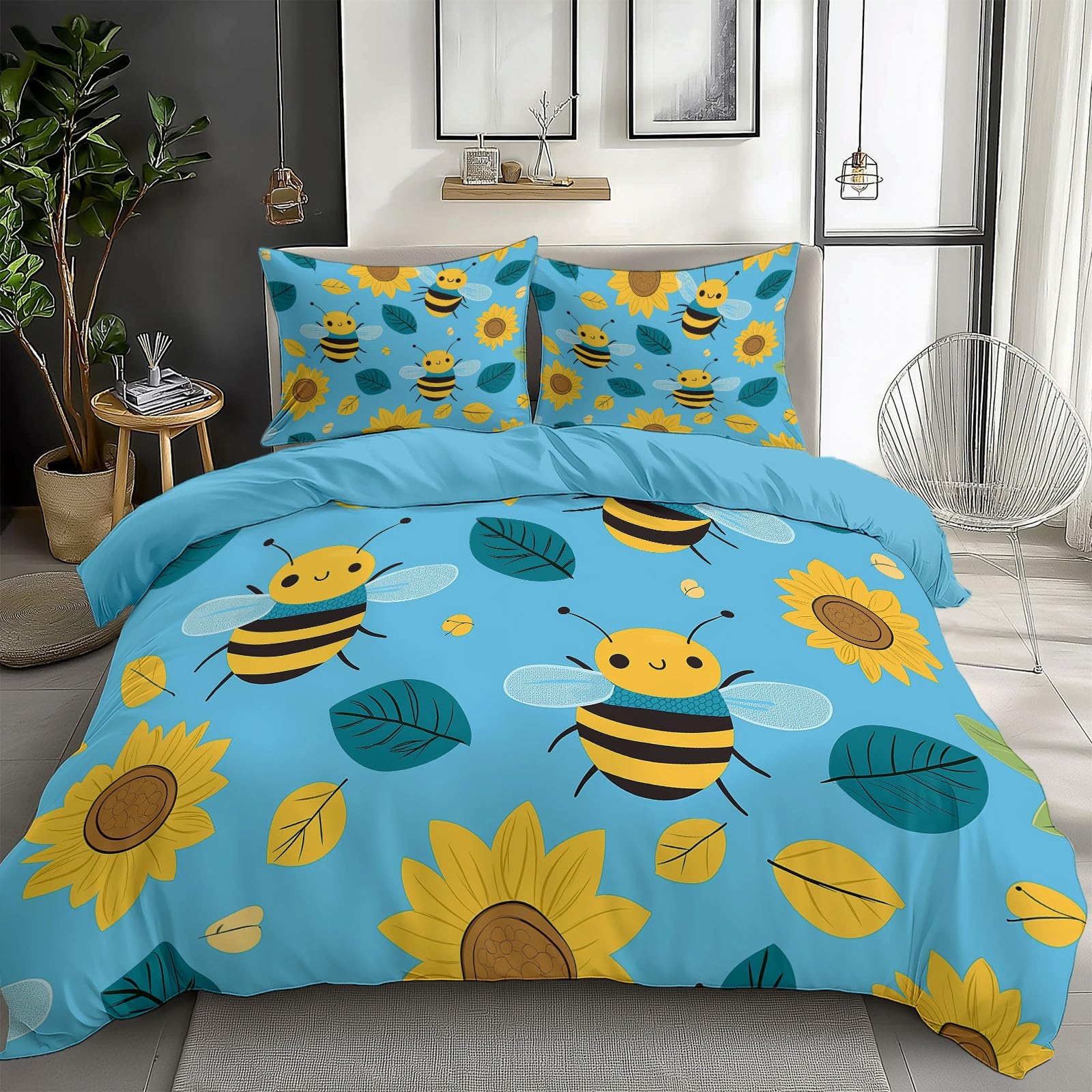 Duvet Cover King Size Cartoon Bee Sunflower Reversible 3 Pieces Duvet Cover Set, Bedding Set for All Season, Soft and Breathable Bedding Set with Zipper Closure
