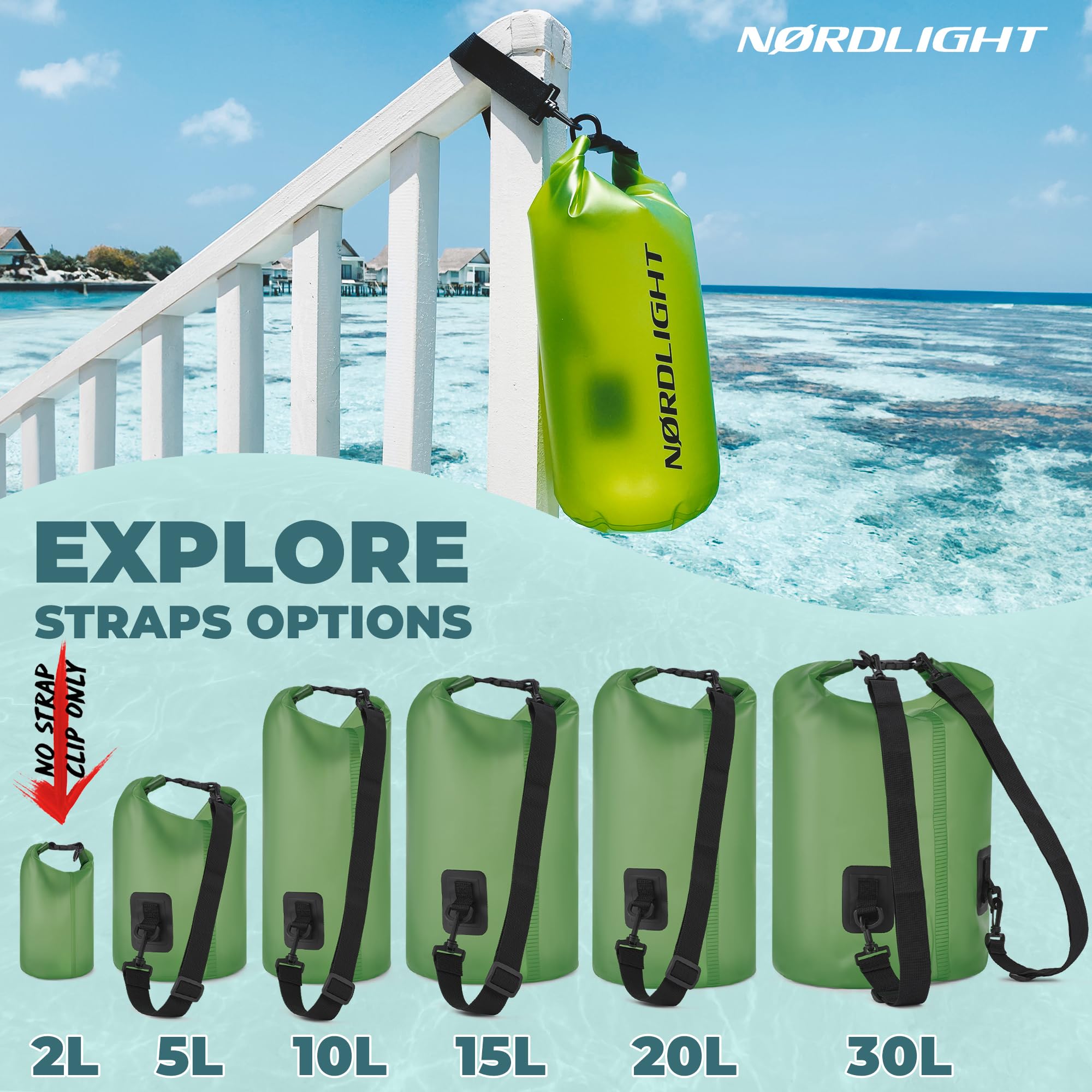 Nordlight Dry Bag e borse impermeabili - zaini impermeabili da 2l, 5l, 10l, 15, 20l, 30l, ccon chiusura a rotolo e tracolla con custodia impermeabile per cellulare e marsupio