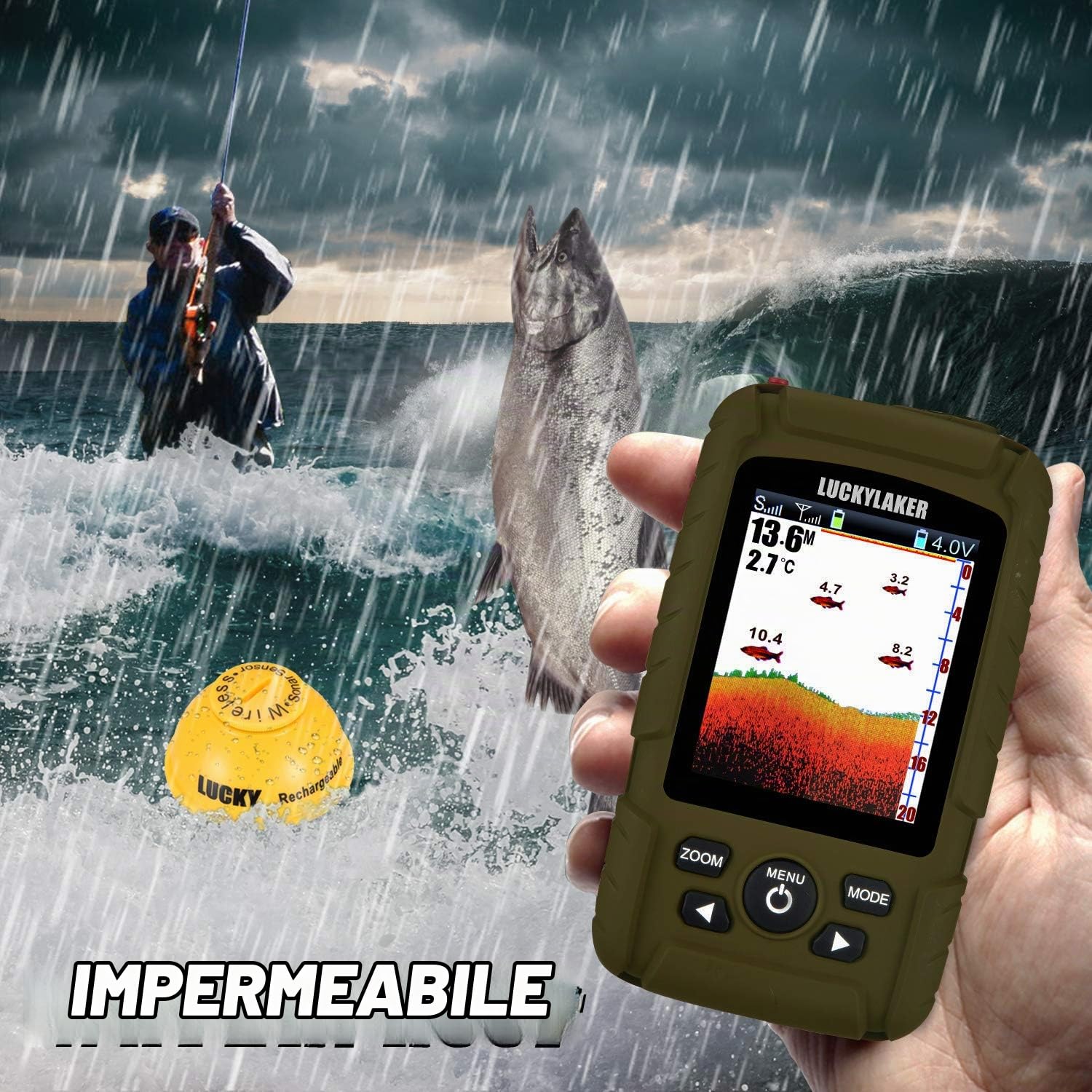 LUCKY Fishfinder Ecoscandaglio Portatile Ecoscandagli per la Pesca in profondità della Barca Palmare Impermeabile Senza Fili Trasduttore per Kayak da Pesca Rilevatori di profondità per Pesca
