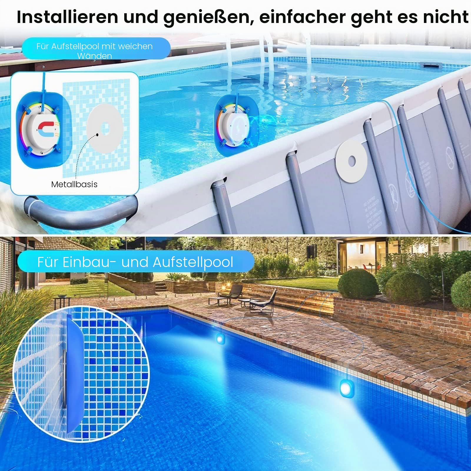 LyLmLe Poolbeleuchtung LED 40W Doppel-Licht mit 6,5m Kabel für Jedes Licht, APP-Steuerung 12V Unterwasserscheinwerfer mit Timer, DIY mehrere Farben, IP68 wasserdicht für Aufstellpool Einbaupool, Boote