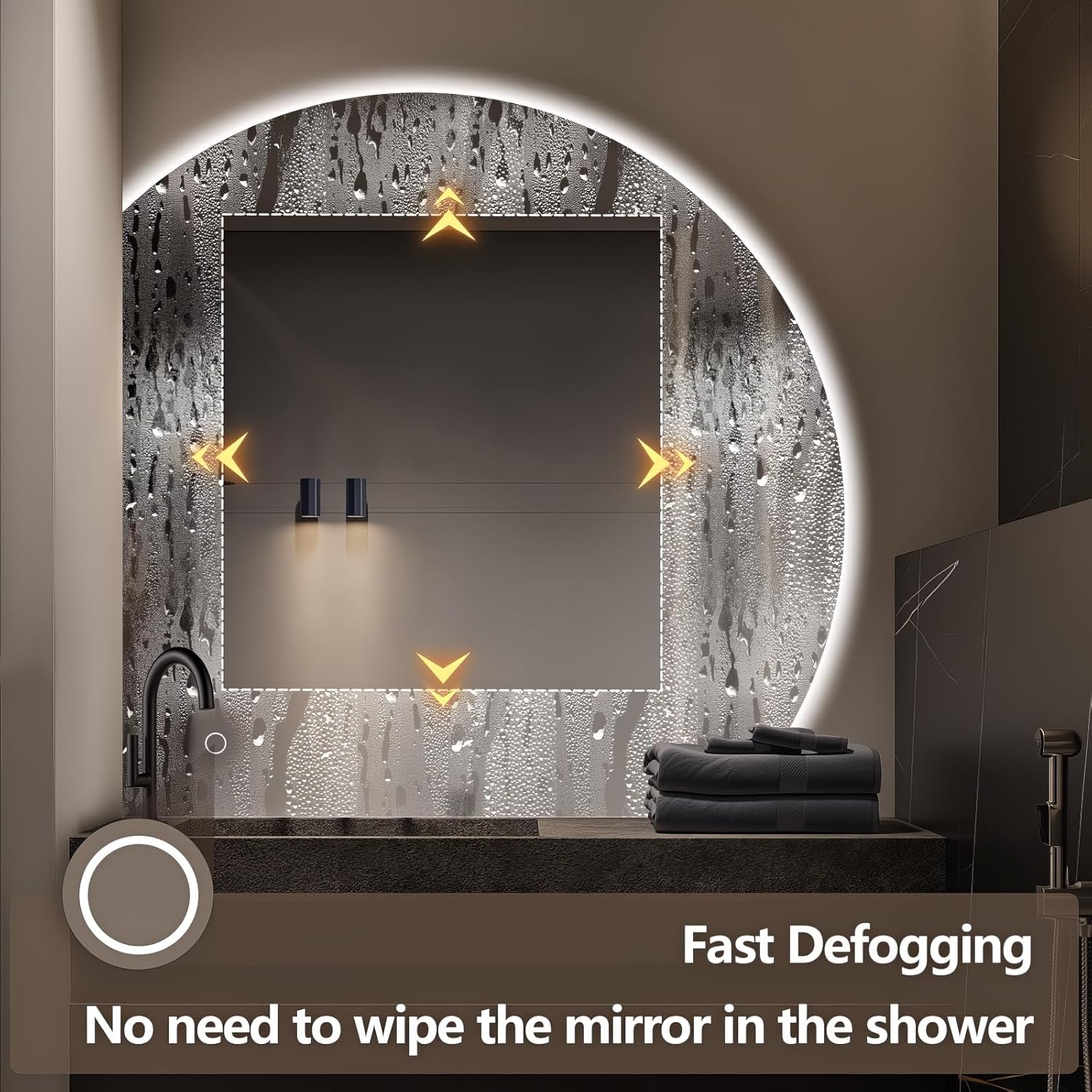 Niccy Half Moon LED Mirror for Bathroom, 32" Semi Backlit Mirror Frameless Makeup Mirror with Light, Anti-Fog, Shatter-Proof, 3 Colors, Smart Vanity Mirror
