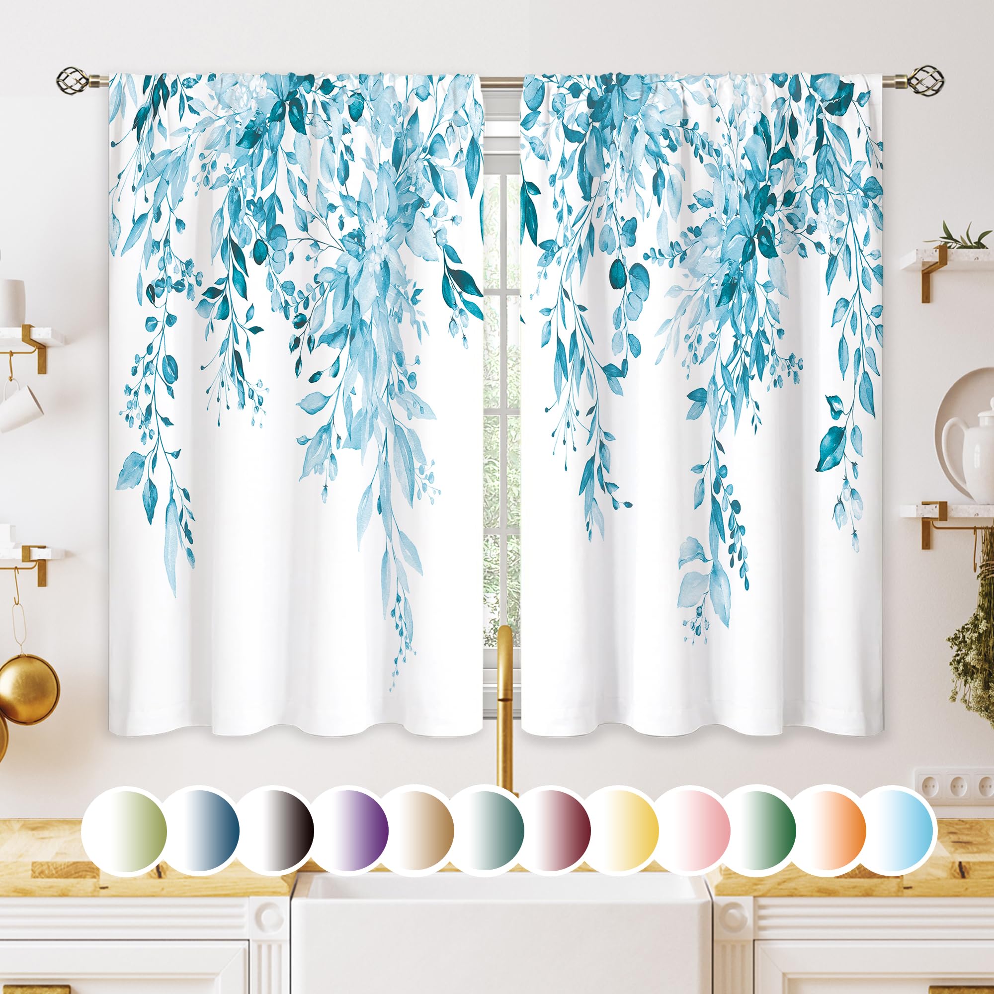 oolygoo Blue Eucalyptus Botanical Leaves Floral Kitchen Window Curtains Over Sink Farmhouse Flower Spring Small Window Treatment Cafe Short Curtains for Bathroom Treatment Tier Drapes27.5x39 inch — image 1
