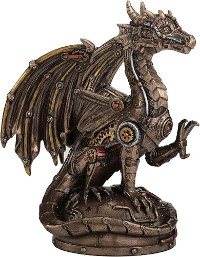 Veronese Design Dragón mecánico Steampunk de 8 14 pulgadas sentado en la plataforma de resina fundida en frío acabado de bronce