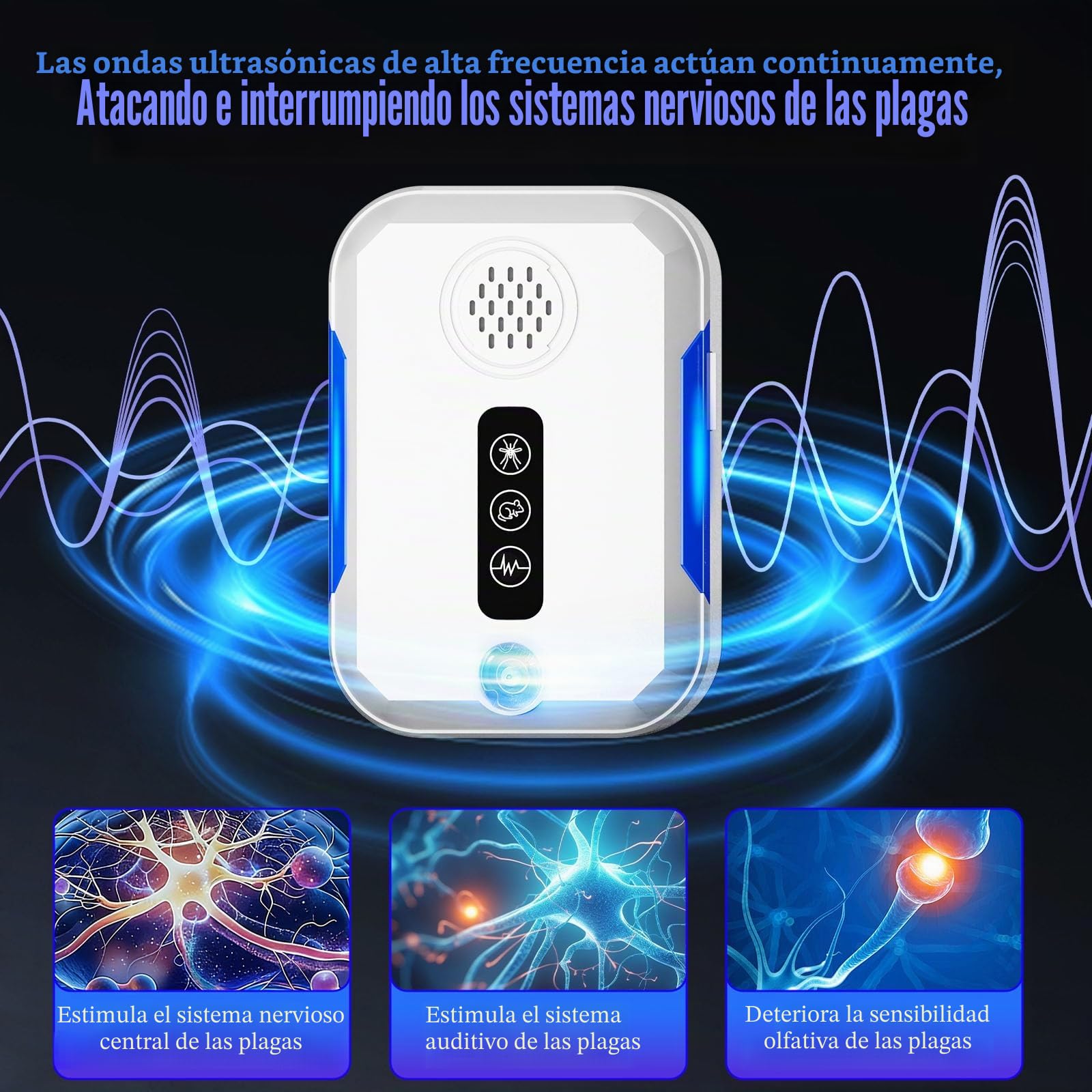 4 Pack Repelente Ultrasónico de Plagas, Interior Ultrasónico Ahuyentador de Ratas con 4 Modos Controlar Eficazmente Ratón Cucarachas Mosquitos Arañas Moscas Seguro para Niños Mascotas