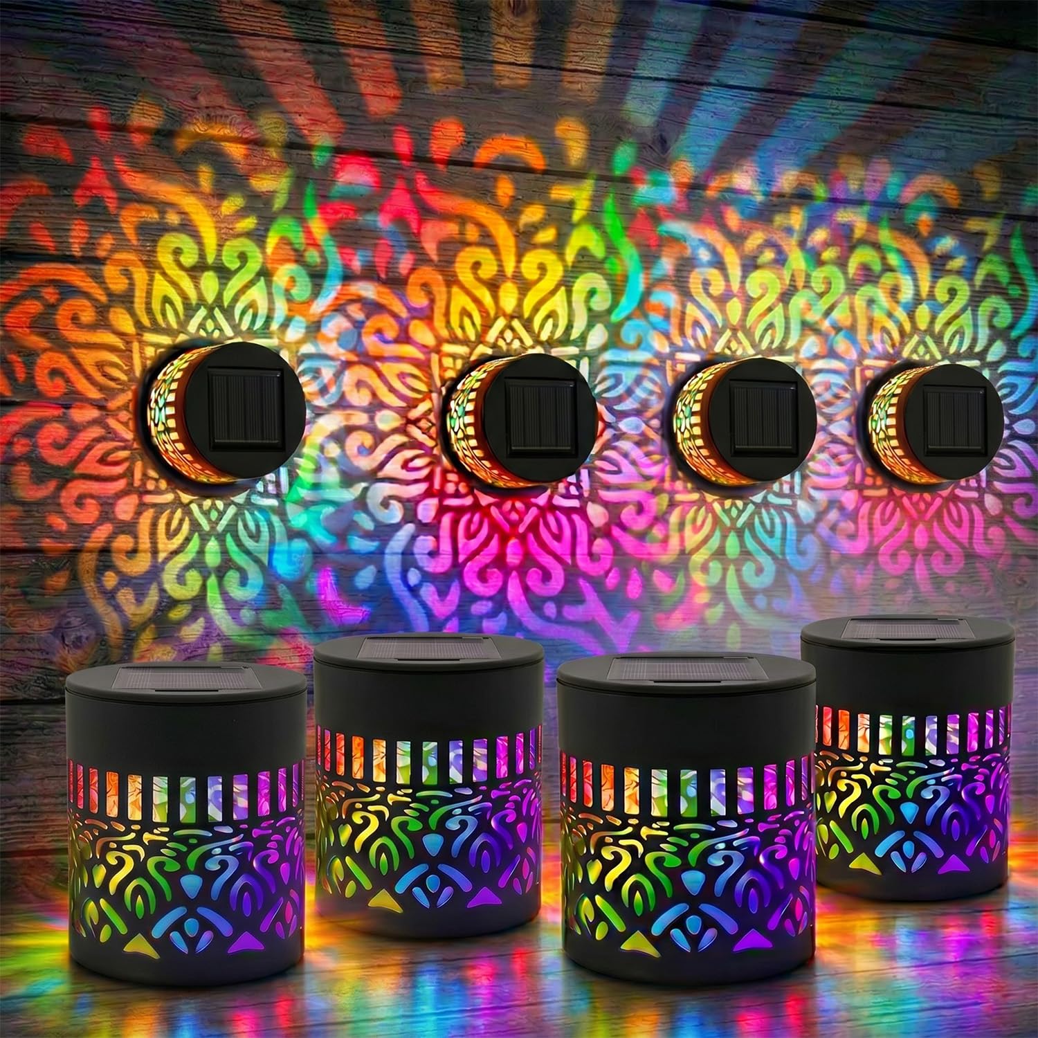 Solar Mandala Lights Outdoor Wall Projector,Decorative Color Changing Mandala Solar Lights for Fence,Garden,Patio,Yard Decor,Waterproof Metal Boho Night Lighting (4PCS)
