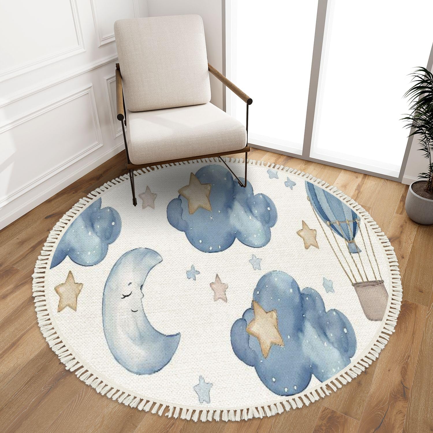 Round Rugs Hot air Balloon Cloud Seamless Pattern Vintage Children Cute Print Boho Area Rug Linen and Cotton Carpet Meditation Rug Washable Hallway Runner Mat Accent Rug for Bedroom Nursery 4ft