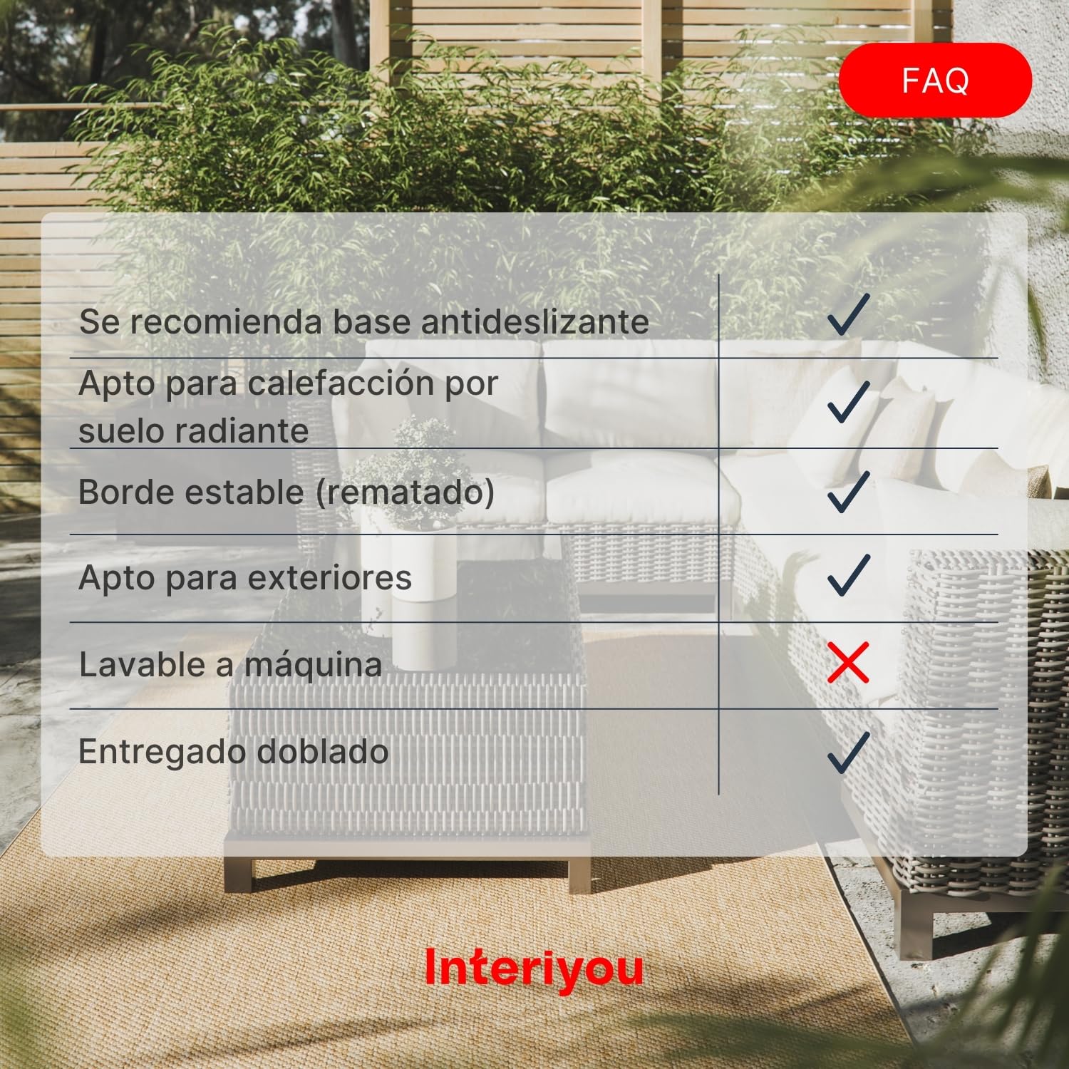 Interiyou Alfombra Exterior Asti - 200x300 cm Beige - Apariencia de Yute - Resistente a los Rayos UV para Exteriores: balcón, terraza, jardín o Cocina - Tejido Plano